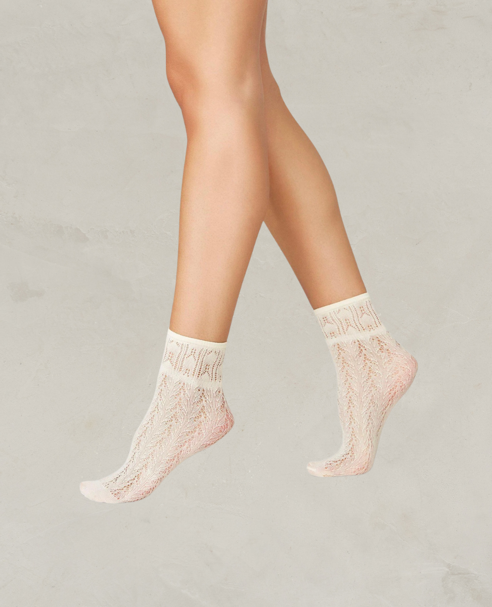 Cream-colored lace socks with a delicate, intricate pattern and a scalloped edge, featuring a semi-transparent texture and a snug, ankle-high fit.