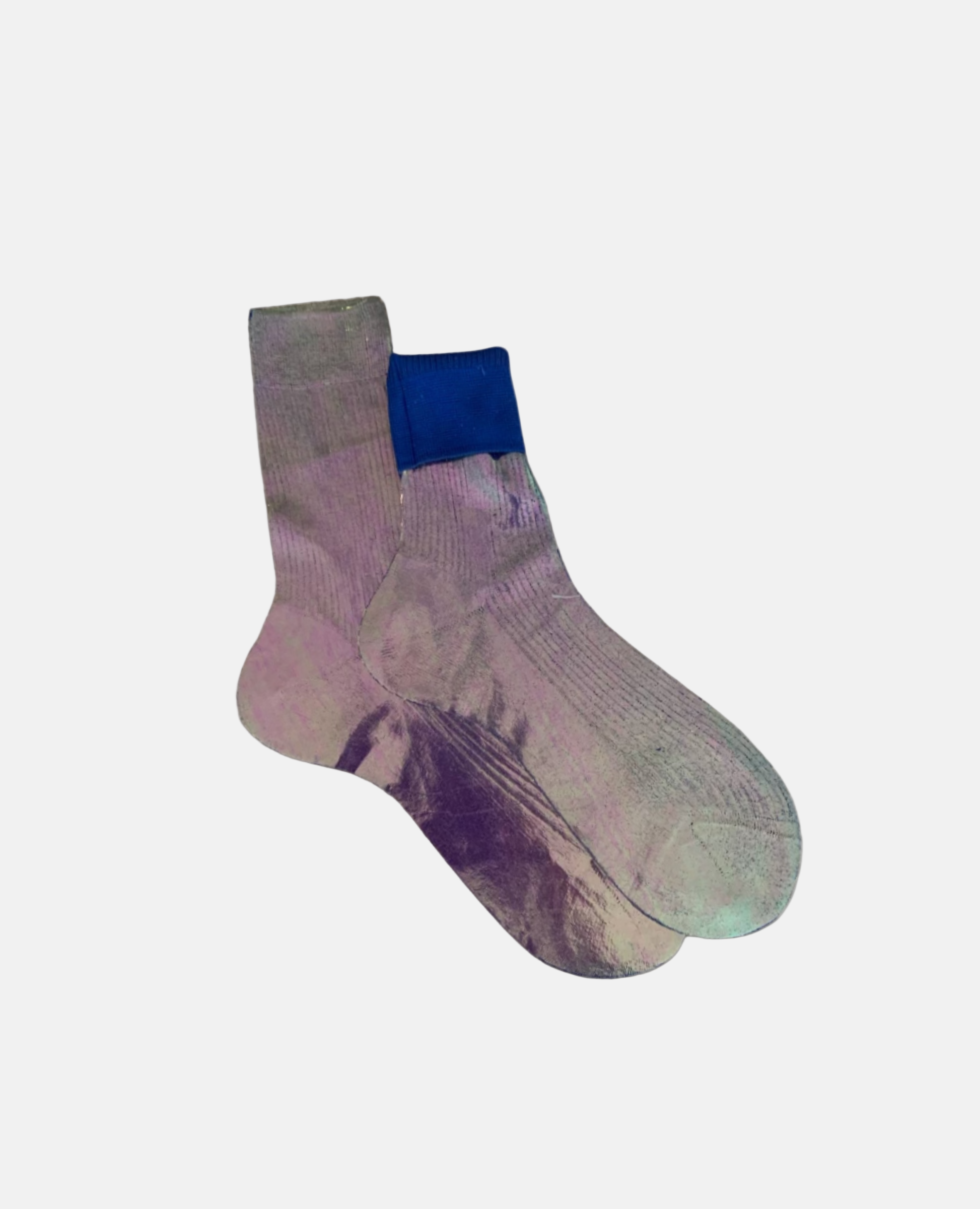 Metalic foil silk socks in Bluette, folded so you can see the interior