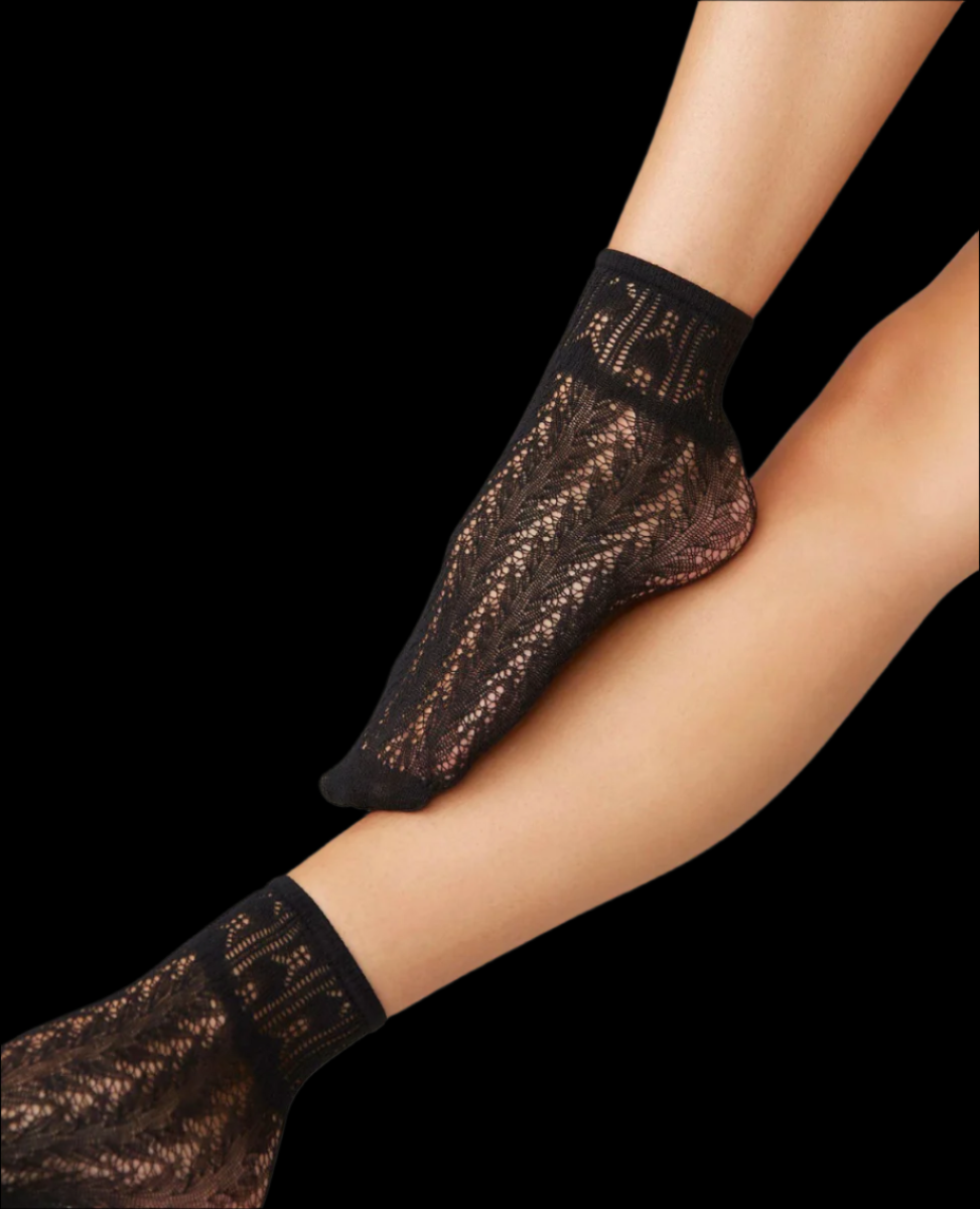 Sheer black ankle socks with intricate lace patterns and a solid black cuff featuring a subtle geometric design.