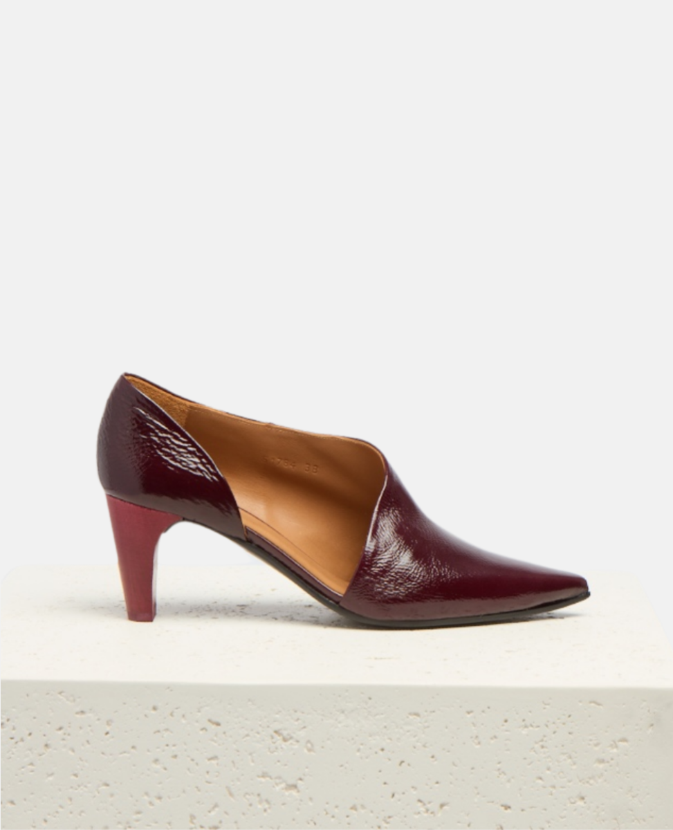 Burgundy and brown high-heeled shoe on a light background