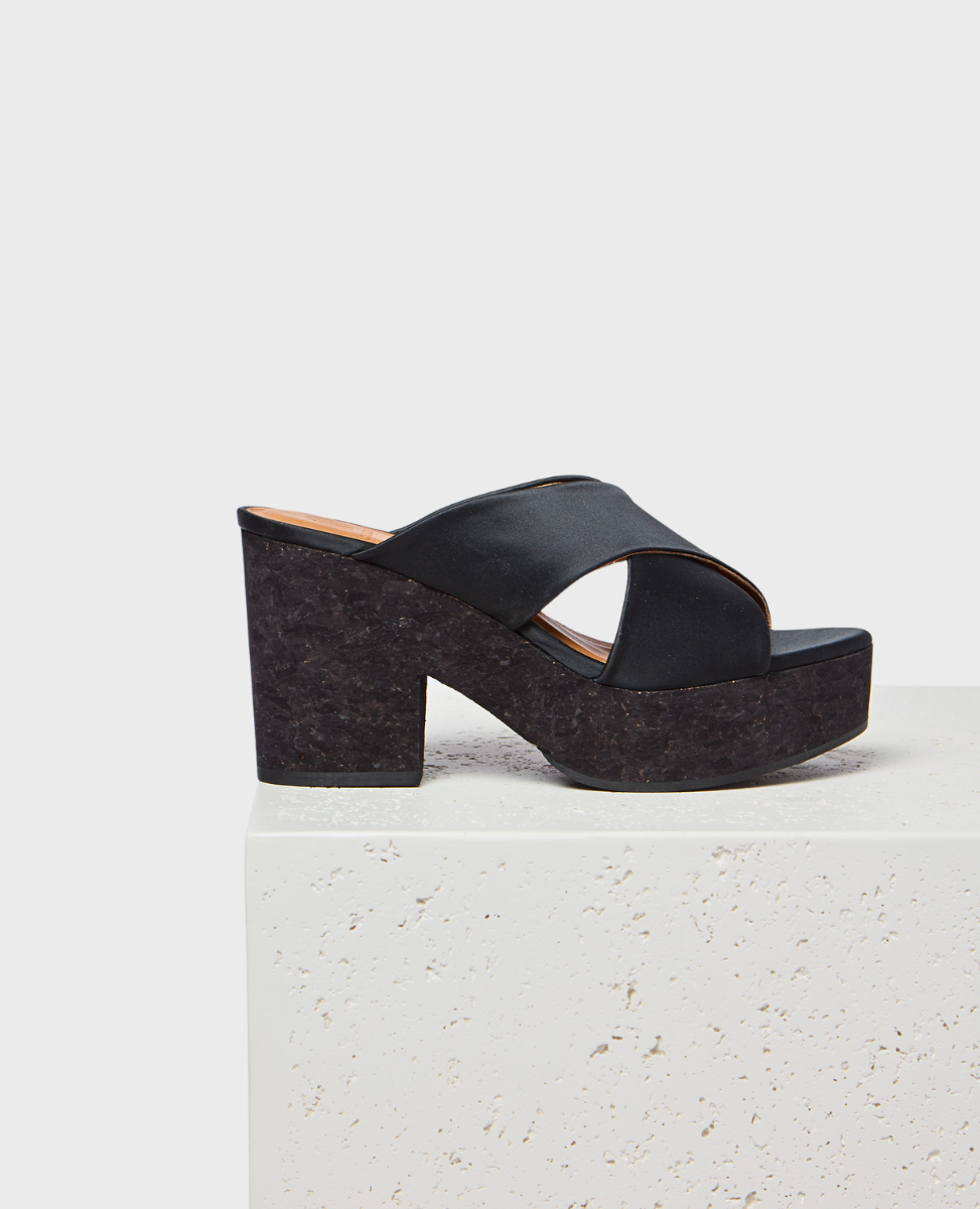 Black Satin Cork Platform Silde Sandal