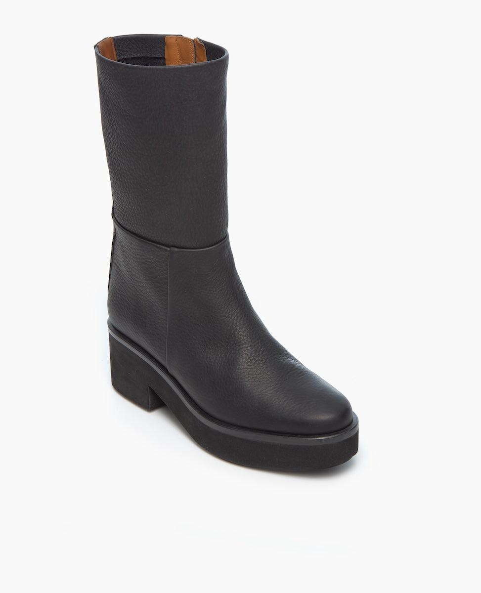 A black, mid-calf leather boot with a smooth texture, round toe, chunky heel, and a side zipper.