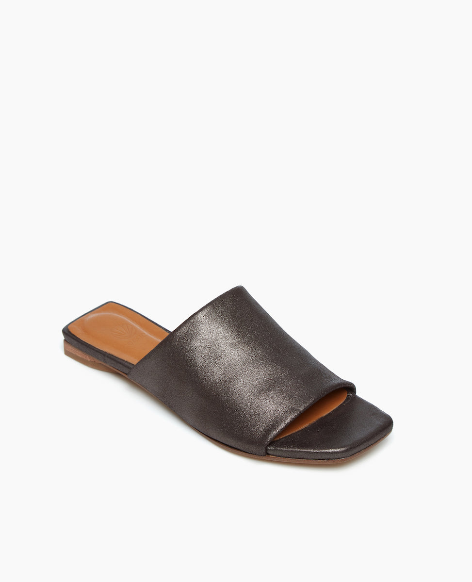 Angled view of the Ferhana Sandal in anthracite shimmer suede with a 10mm heel, designed to hug the foot for a molded fit.