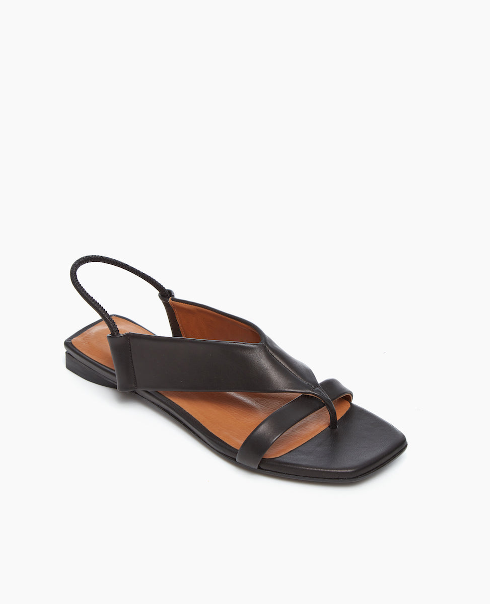 Angled view of the Finch Sandal, featuring a squared off toe and heel.