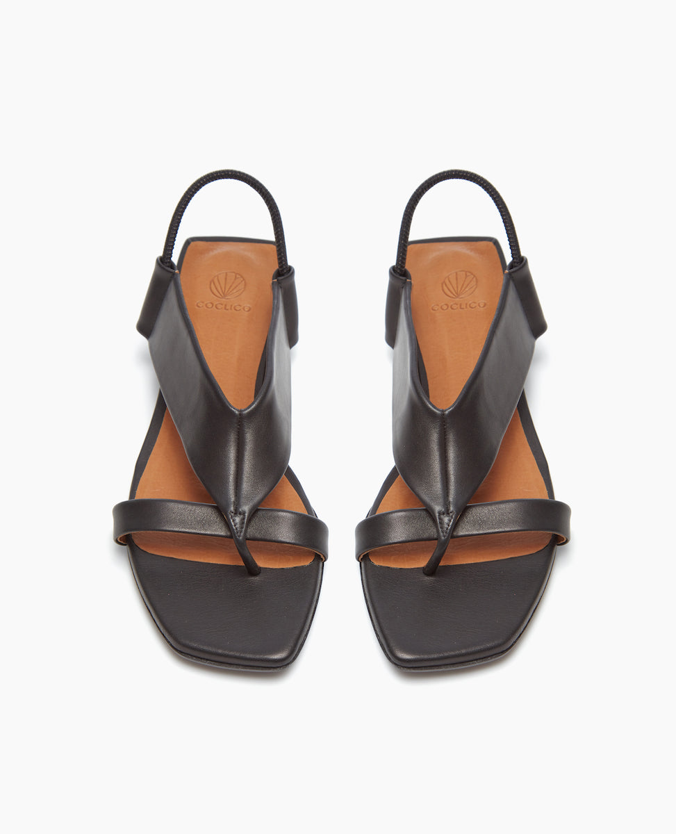 Front view of the Finch Sandal in Black, featuring a wide-strap thong and a slim elasticized leather strap at the heel.