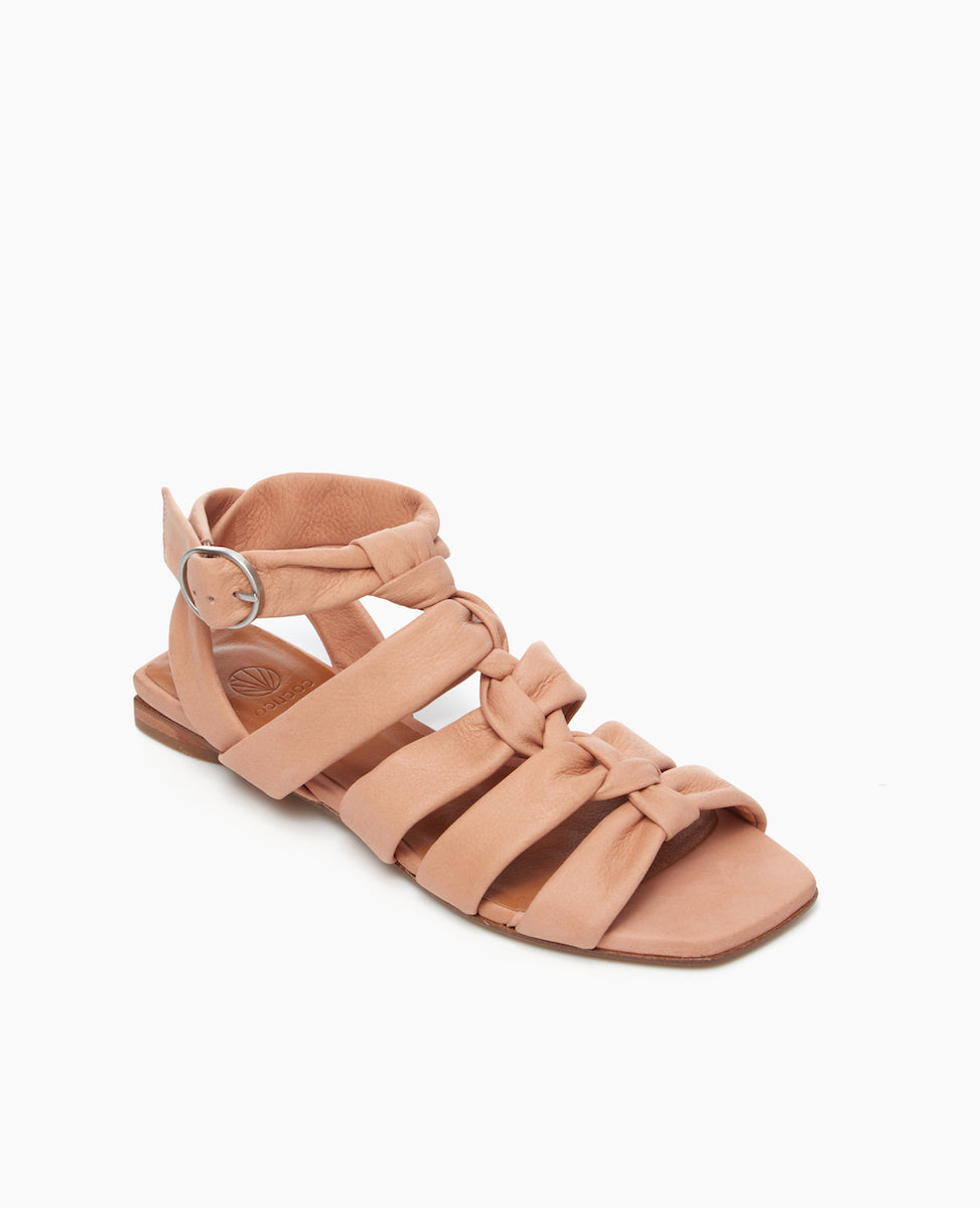 Angled view of the Flair Gladiator Sandal in Fawn with soft straps that pair perfectly with the strenght of the squared-off toe and heel.