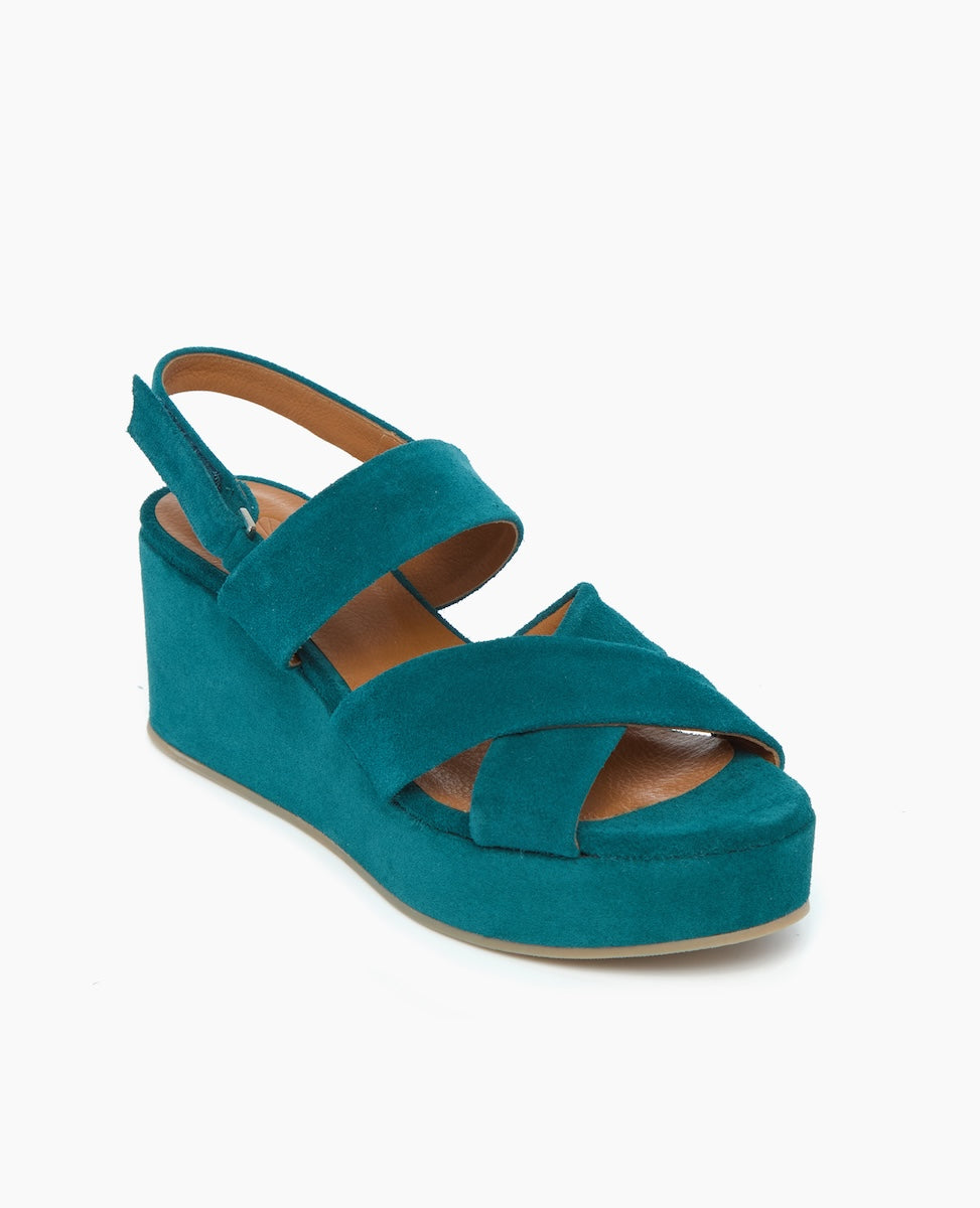 the Lacine Wedge sandal in Azure split suede, angled view
