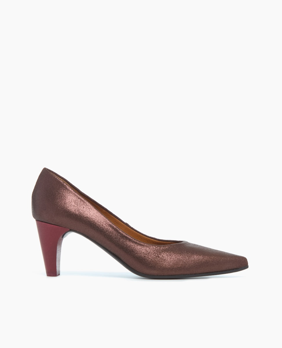 A sleek, pointed-toe high heel shoe with a metallic brown upper and a contrasting red block heel.