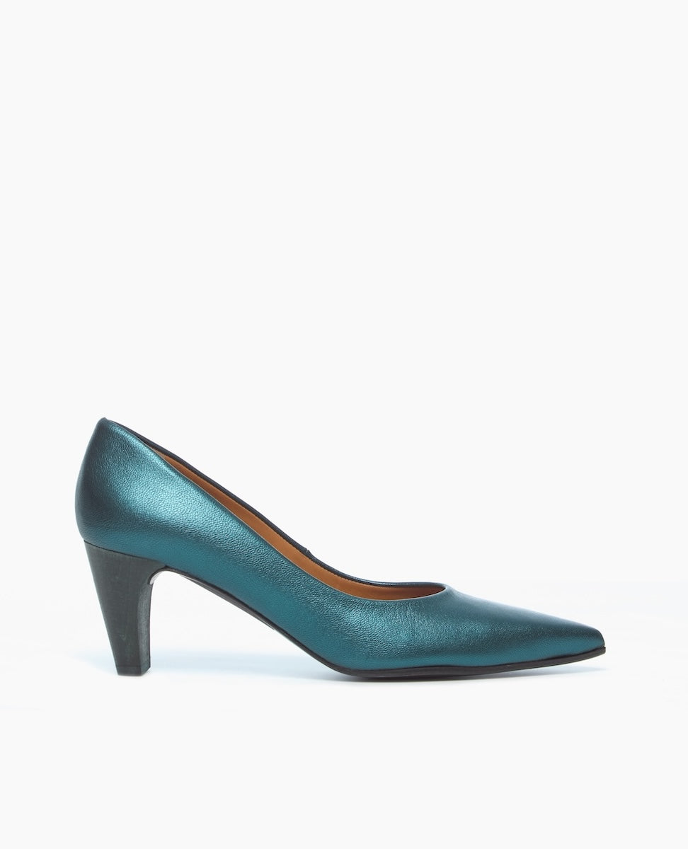 A sleek, metallic teal high-heeled shoe with a pointed toe, smooth leather texture, and a sturdy black heel.