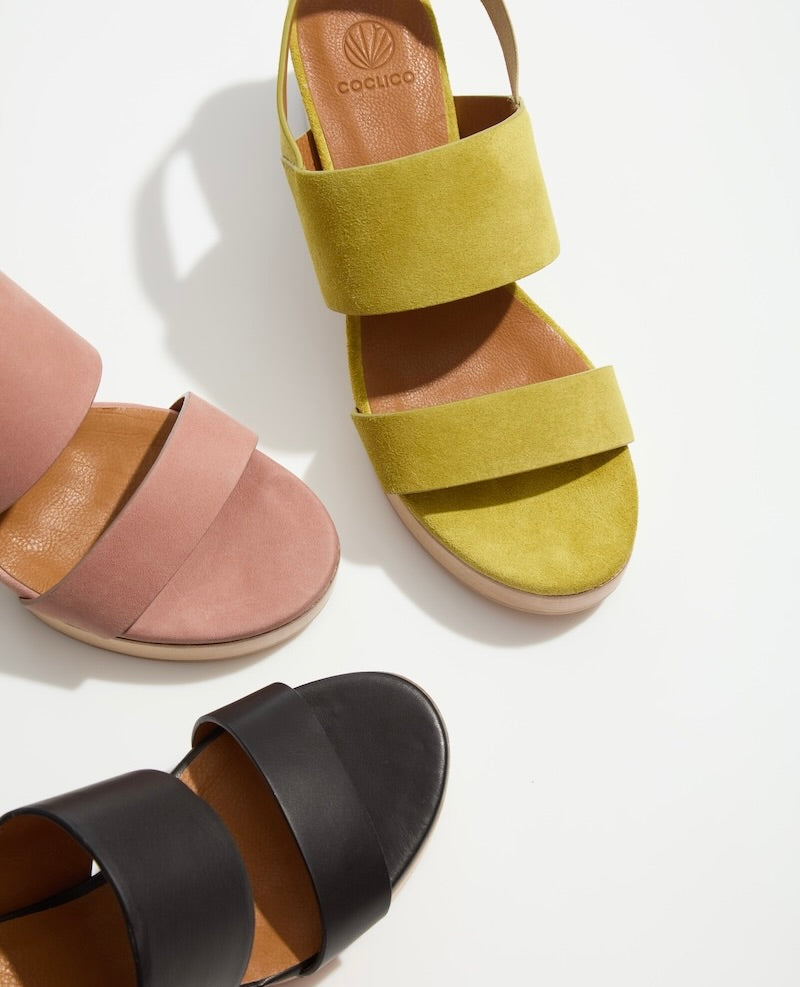 Close up of the Rocco Clog Sandal in three colors