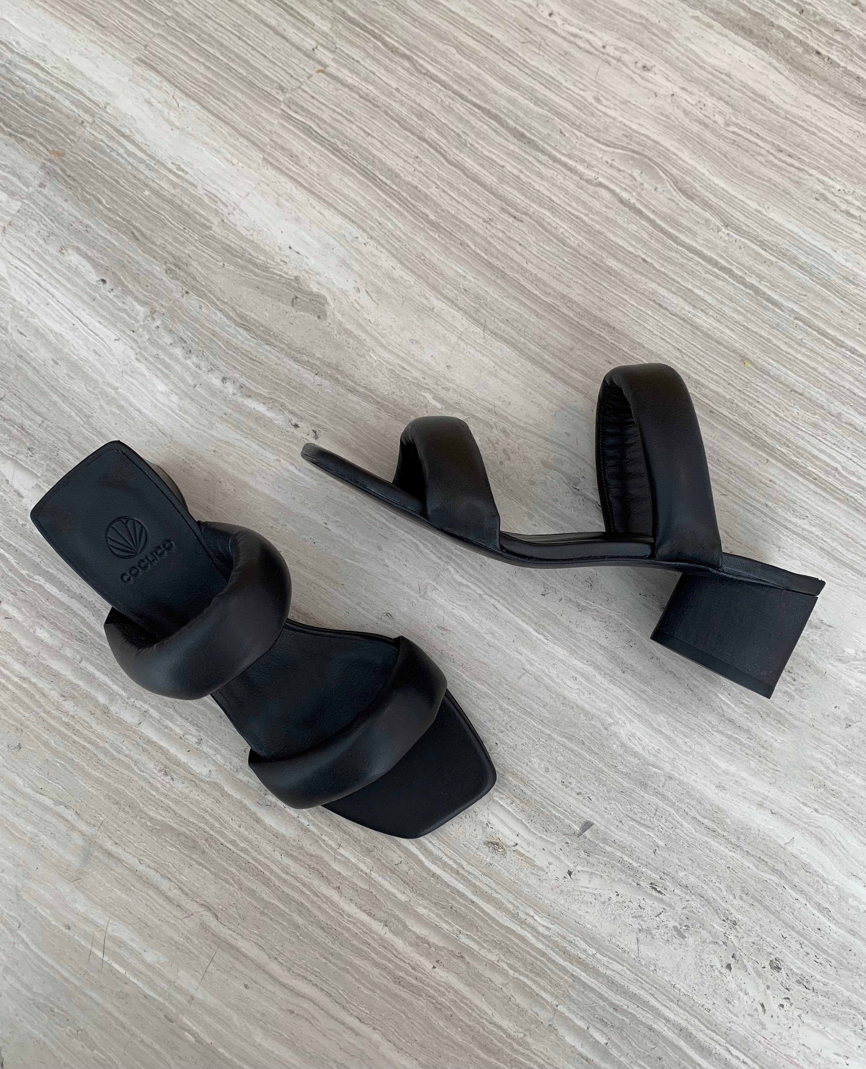 Side and top view of the Sofiya slide sandal with puffy straps.