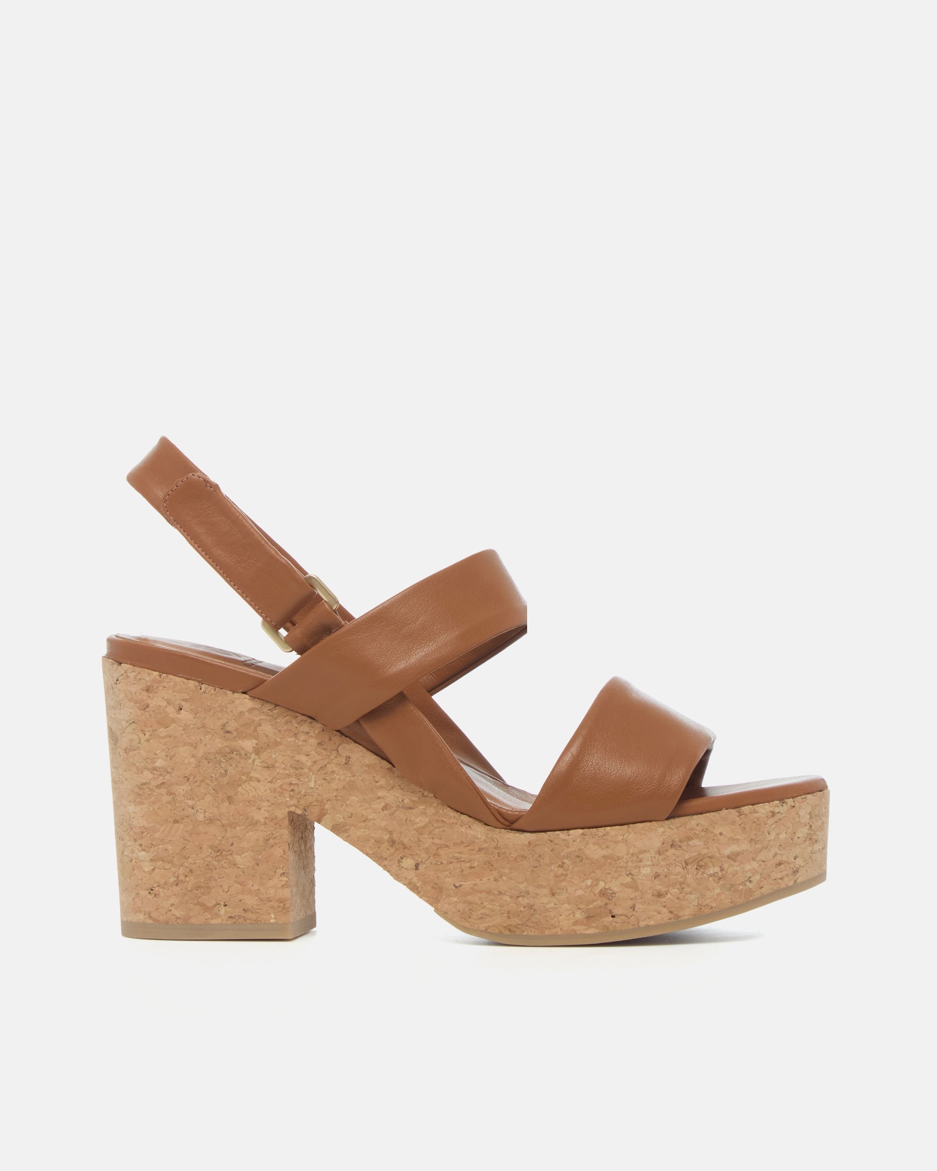 Side view of a cuoio nubuck leather platform sandal with tubular straps, adjustable velcro slingback, and cork platform sole