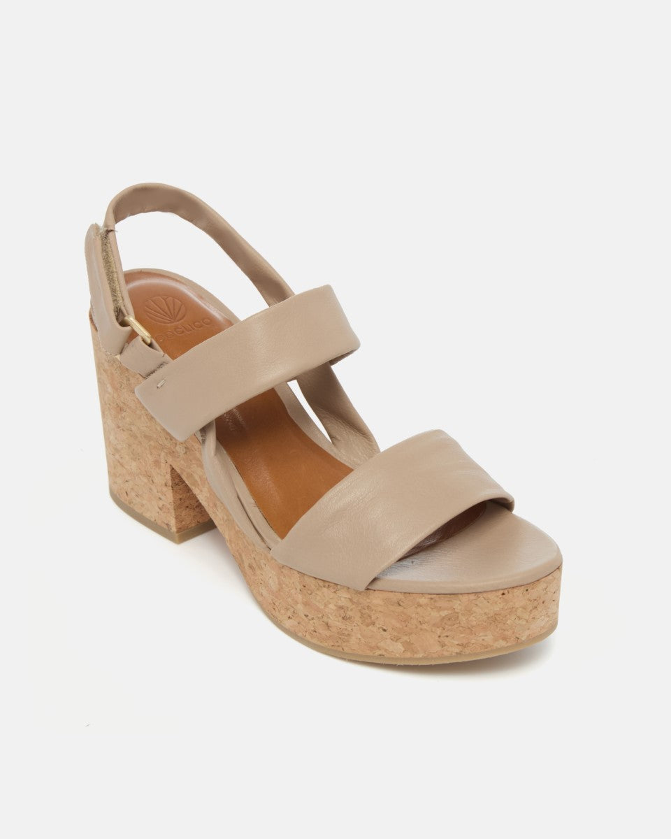 Angled view of a grey leather platform sandal with tubular straps, adjustable velcro slingback, and cork platform sole on a white background.