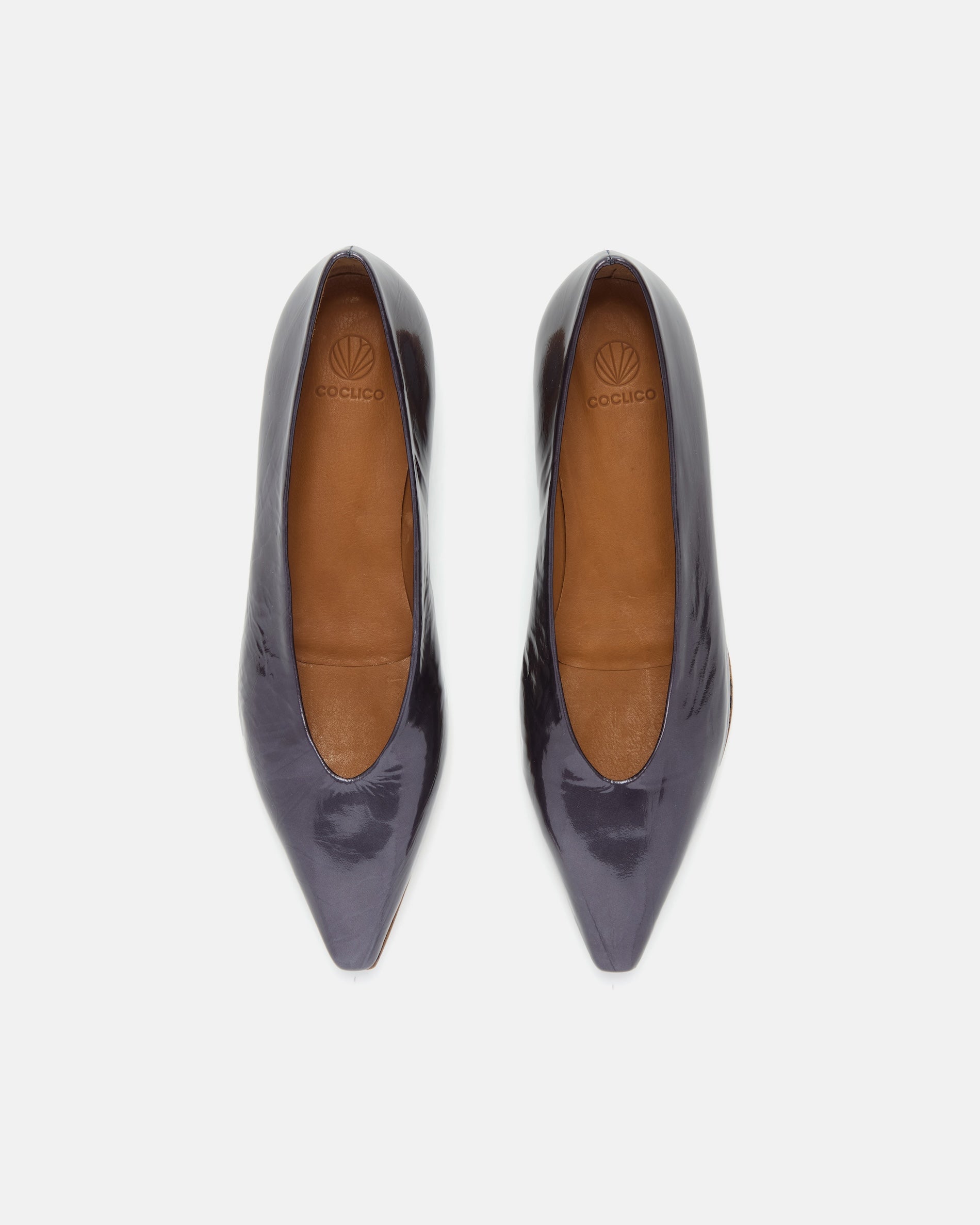 Top view of a black pearl antiqued patent leather pointed-toe flat with clean lines and a flexible leather sole, on a white background.