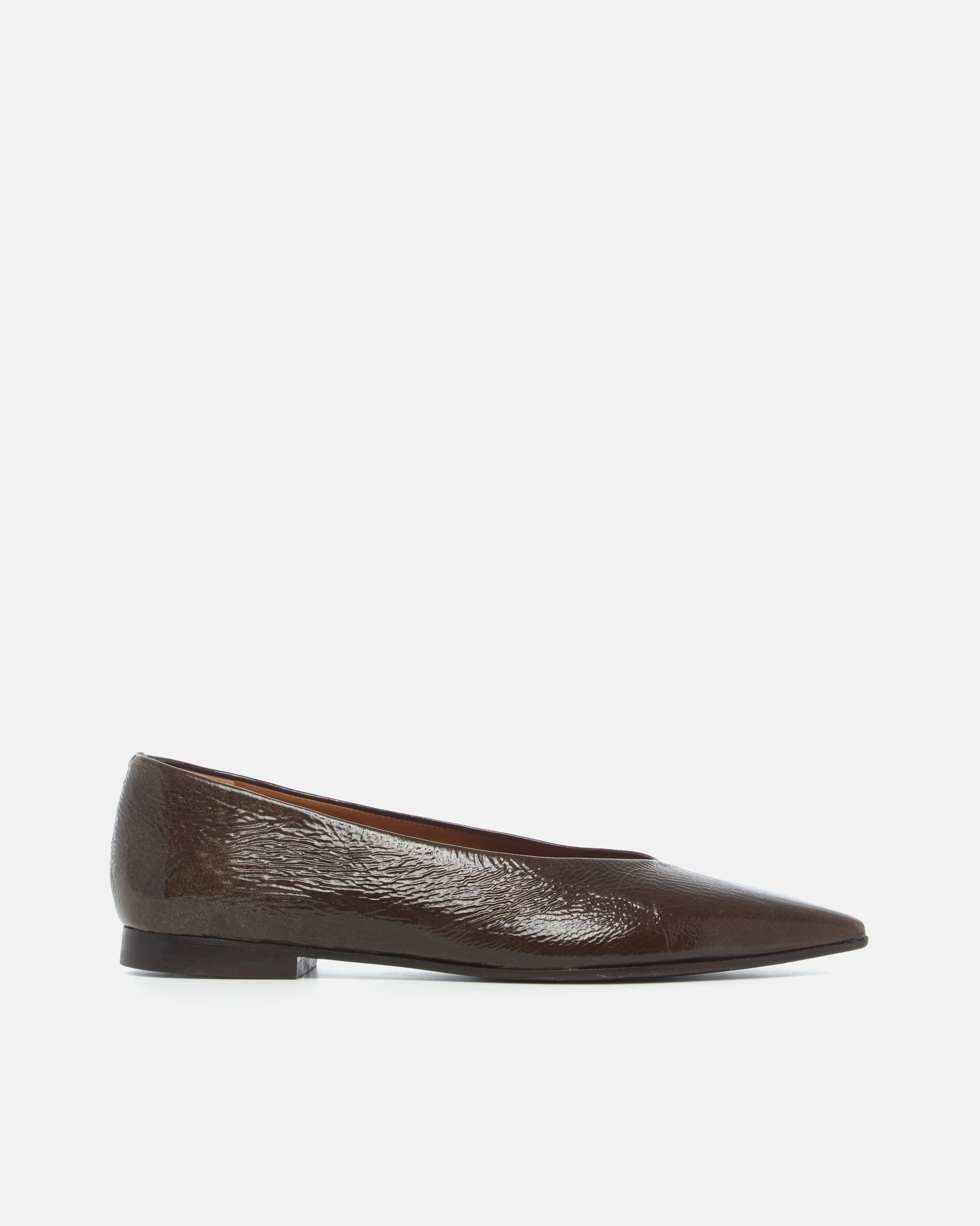 Dark brown patent leather pointed-toe flat shoe on a light grey background