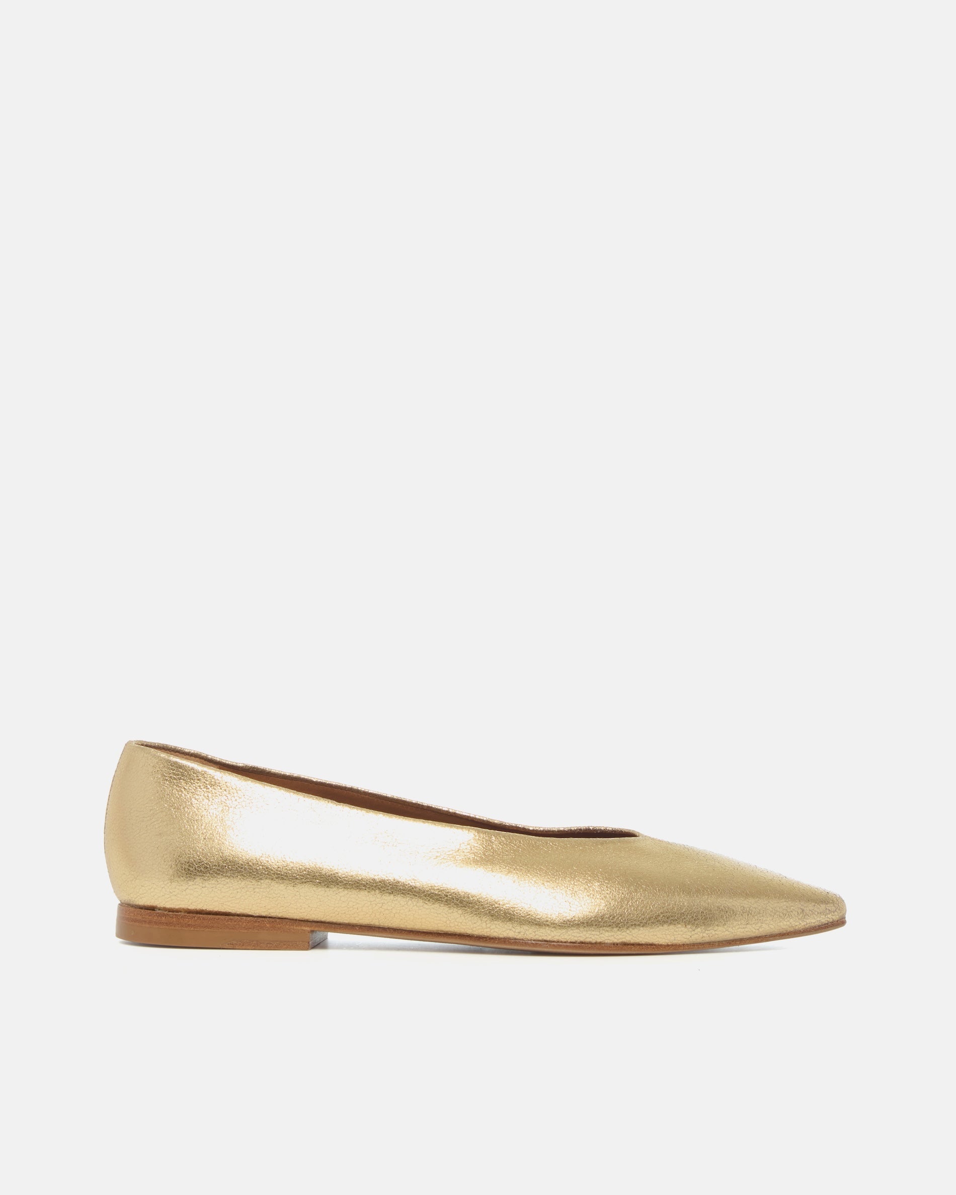 Side view of a shimmering gold leather pointed-toe flat with clean lines and a flexible leather sole, on a white background.