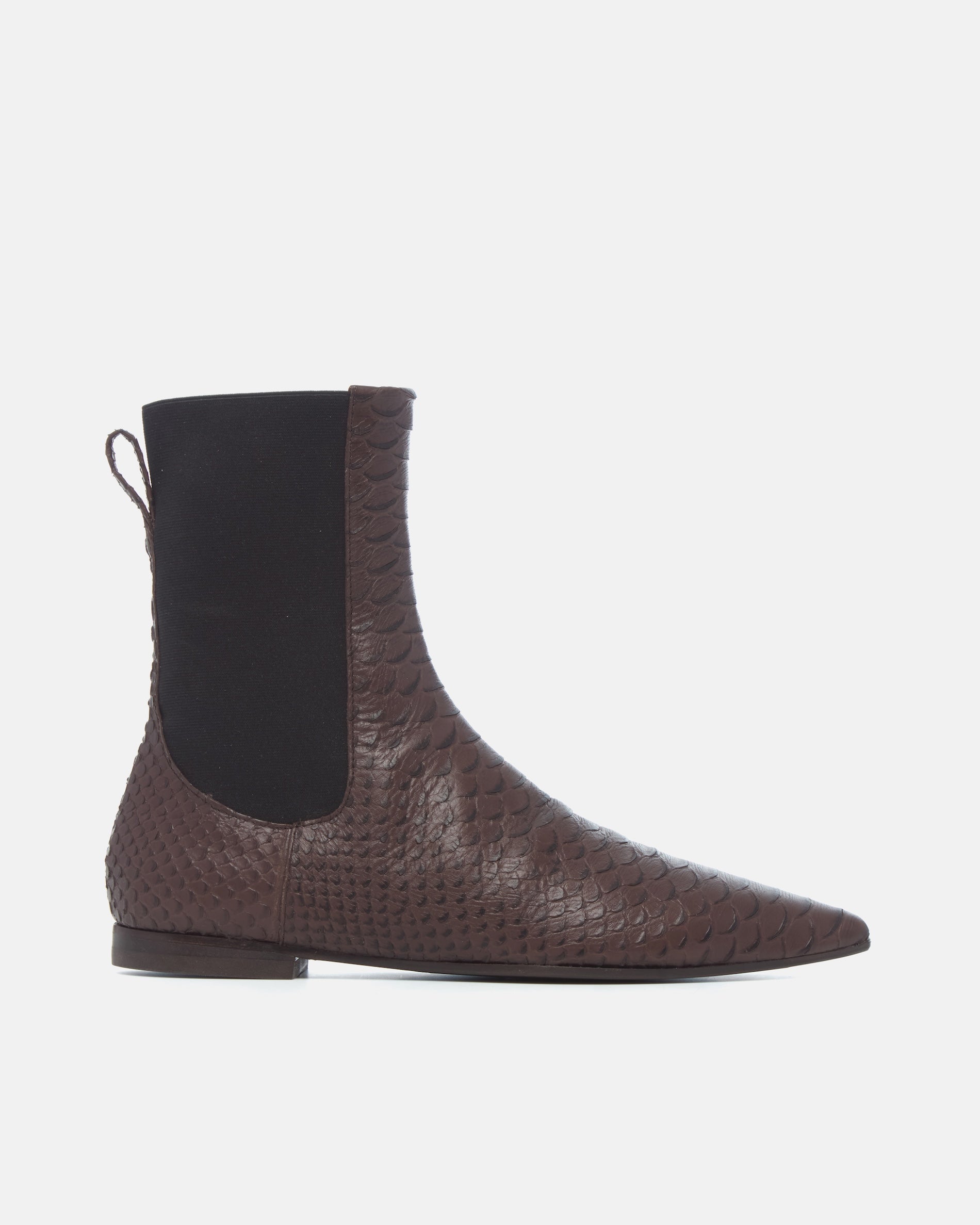 Coclico Cad Boot in brown snake embossed leather, side view of a pointed toe Chelsea ankle boot