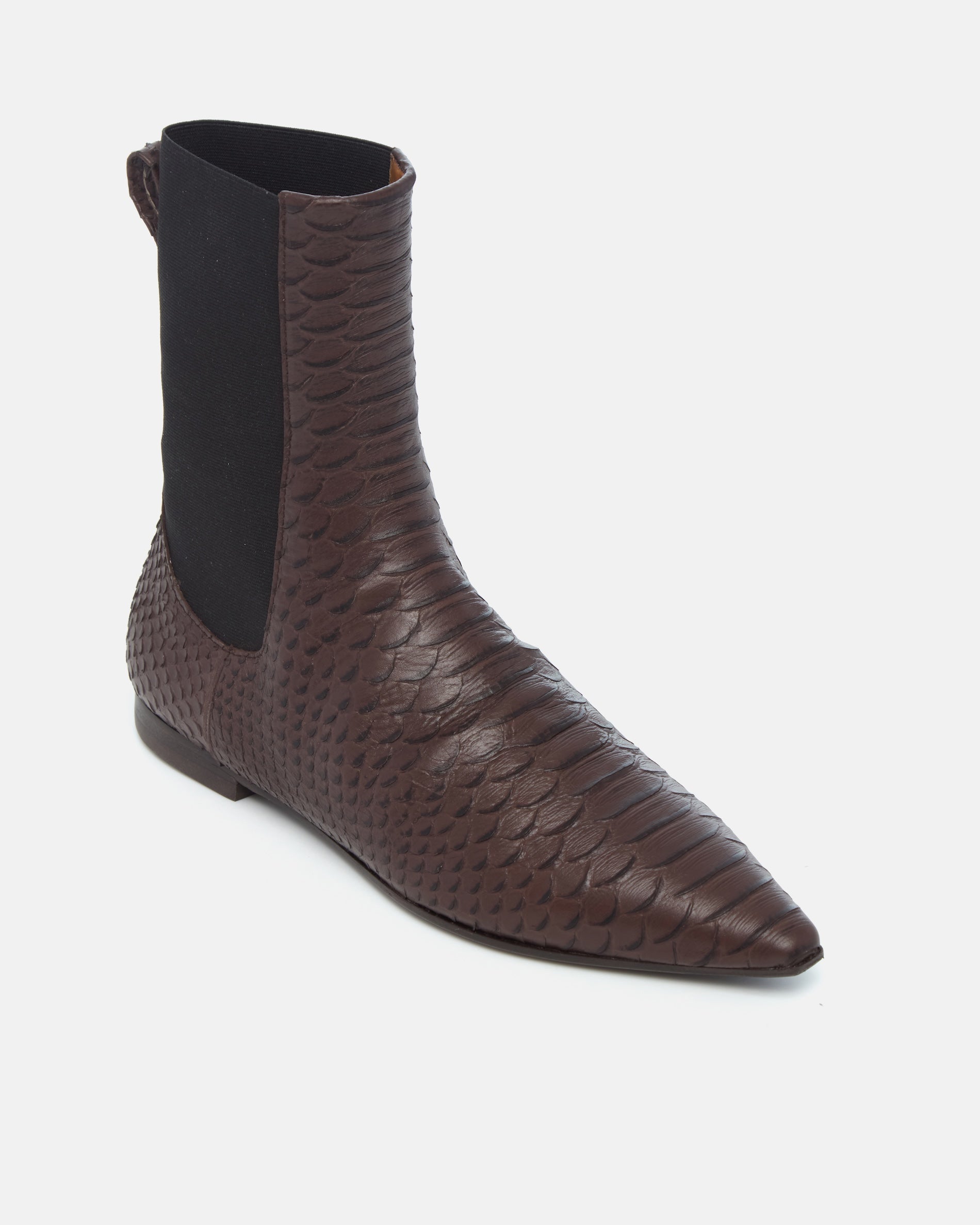Coclico Cad Boot in brown snake embossed leather, angled view of the elastic side gore and pointed toe