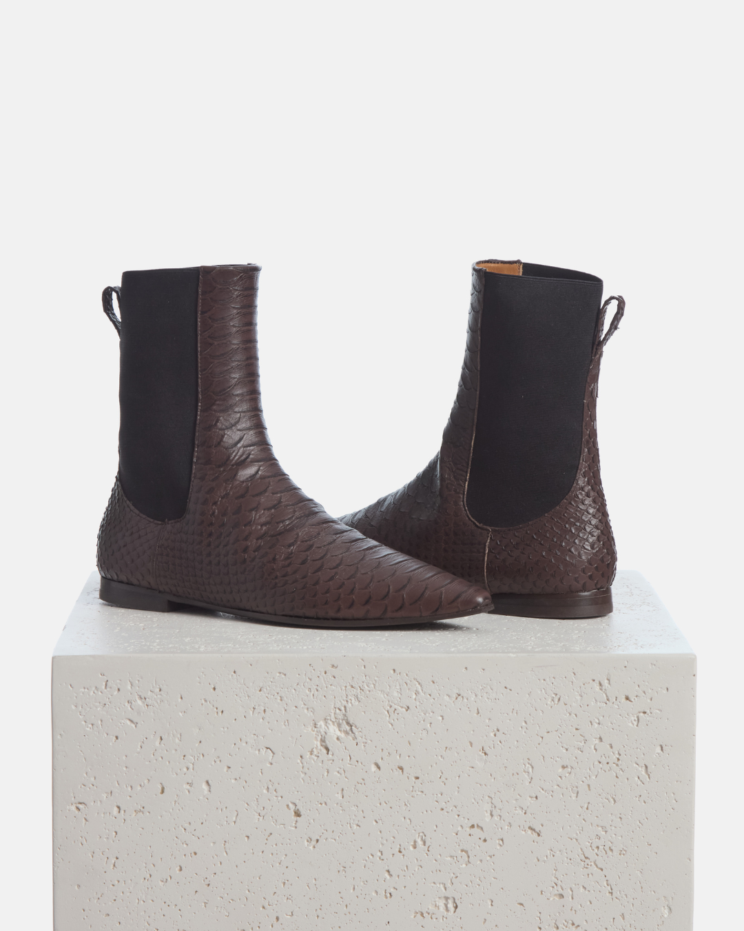 Coclico Cad Boot in brown snake embossed leather, pointed toe Chelsea boots styled on a stone plinth