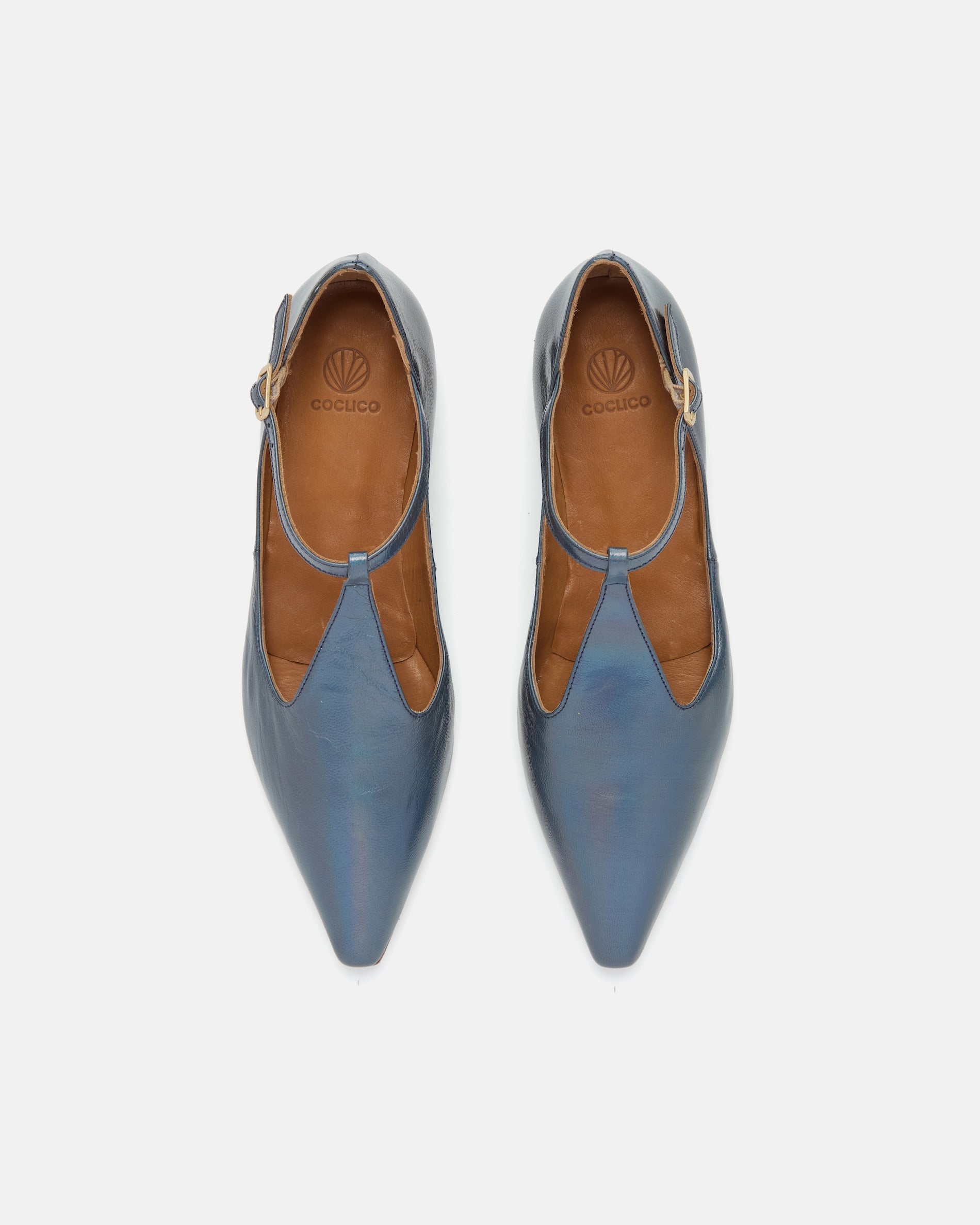 Top view of a pointed-toe iridescent blue metallic T-strap flat with adjustable buckle and leather sole on a white background