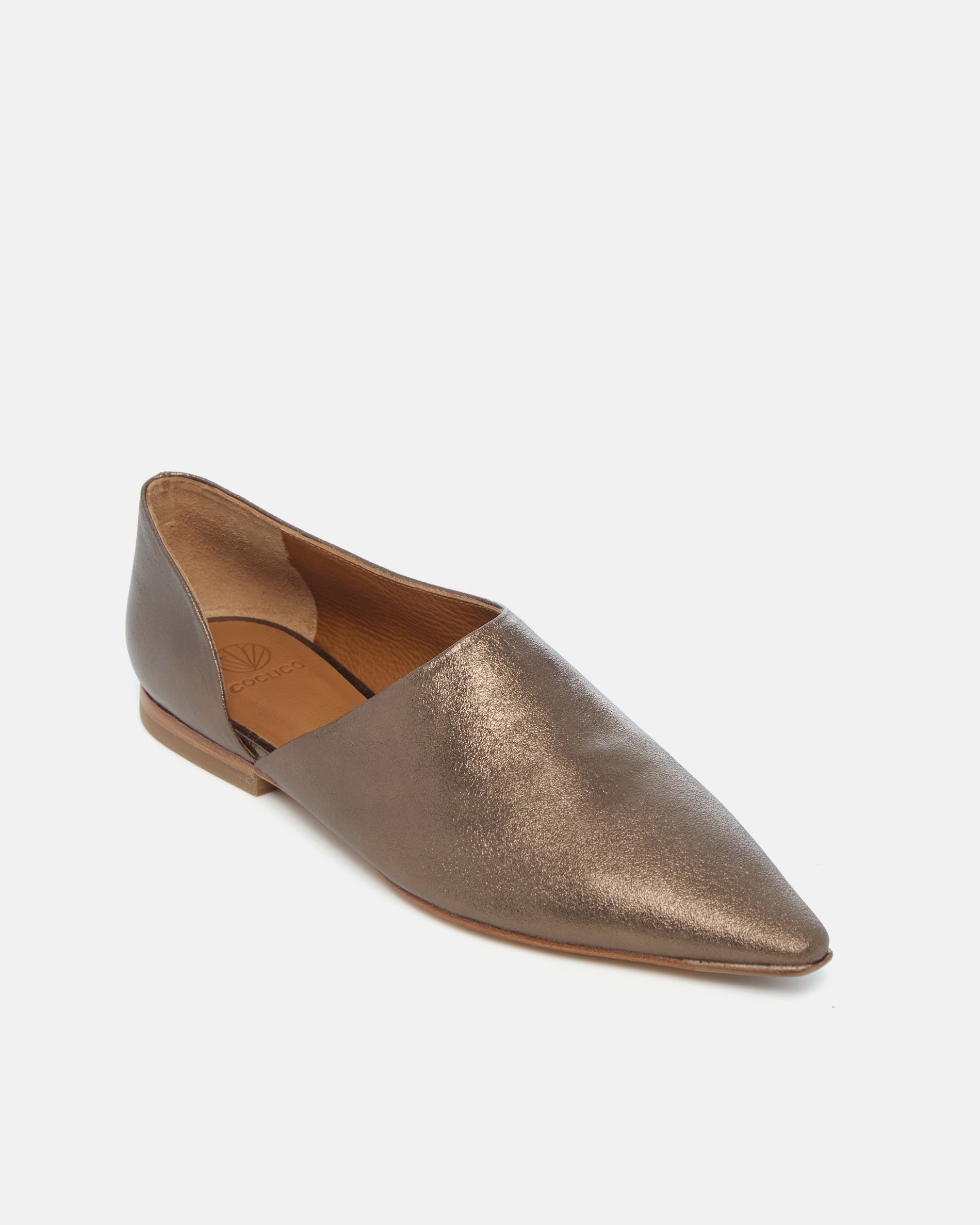 Coclico Coldplay Demi d'Orsay Flat in Bronze crinkled metallic, angled view of the demi d'Orsay cut
