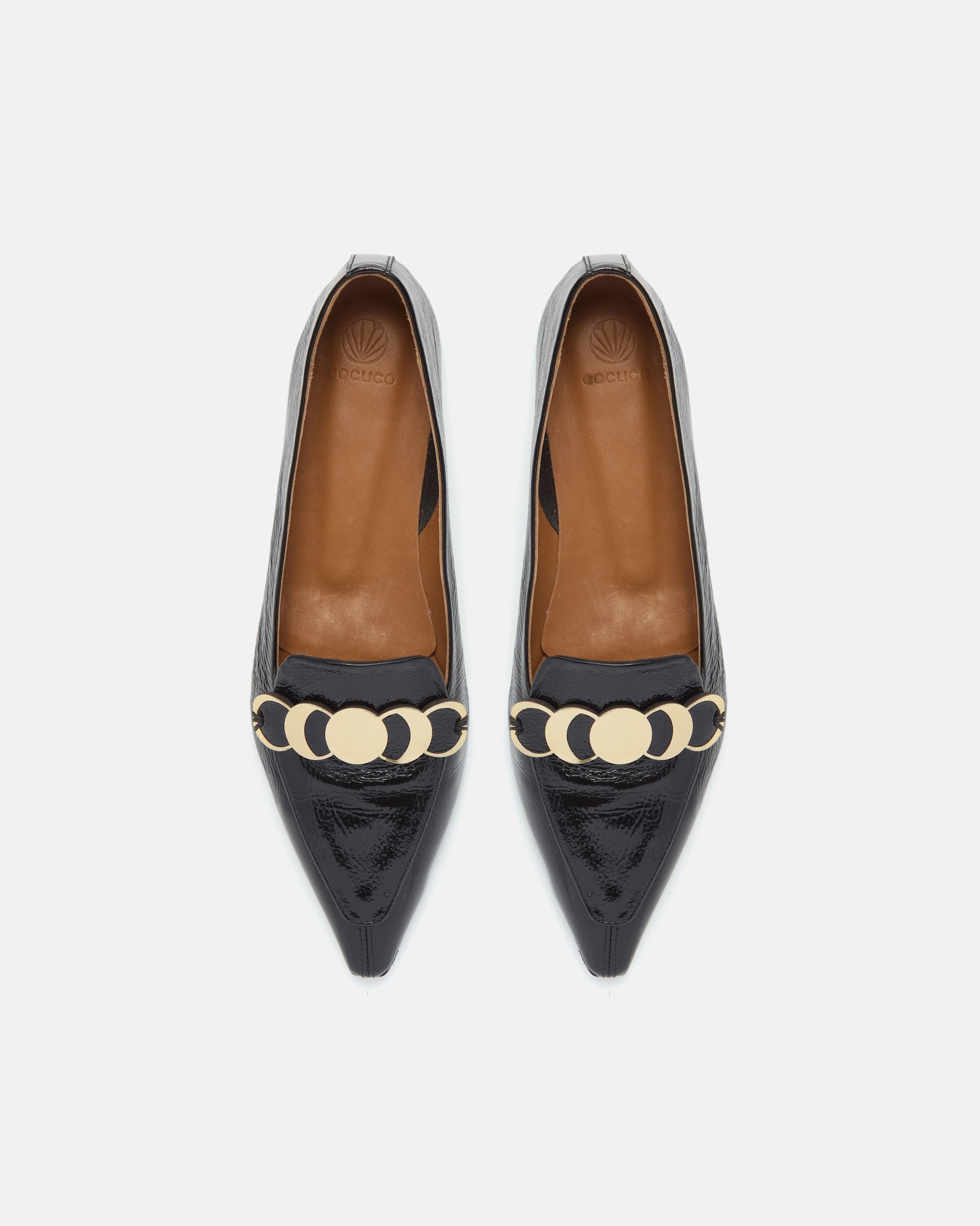 Pair of Coclico Curie Loafers in black crinkled patent leather, top view