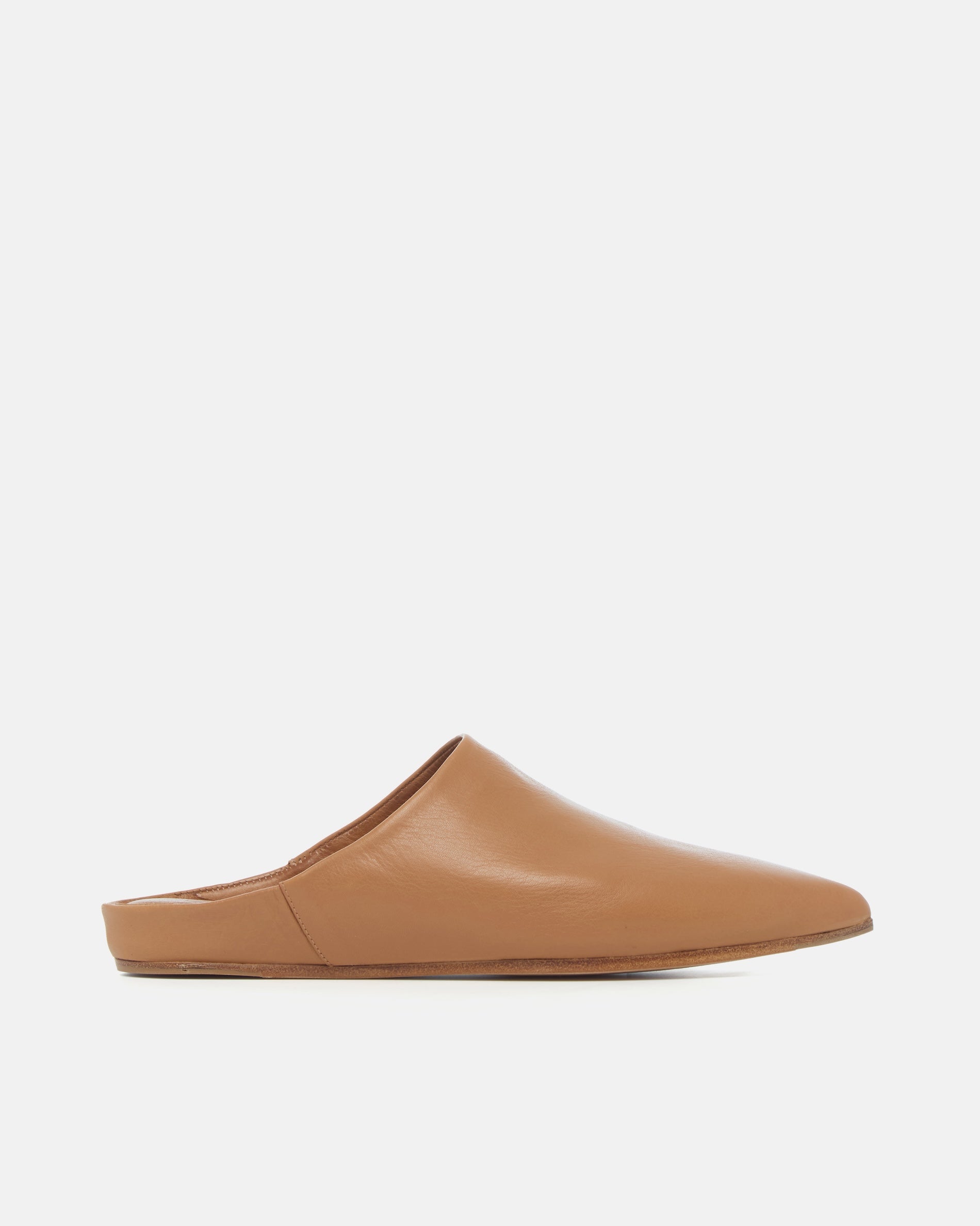Side view of a light brown pointed-toe leather mule with a slight built-in wedge and clean minimalist silhouette on a white background