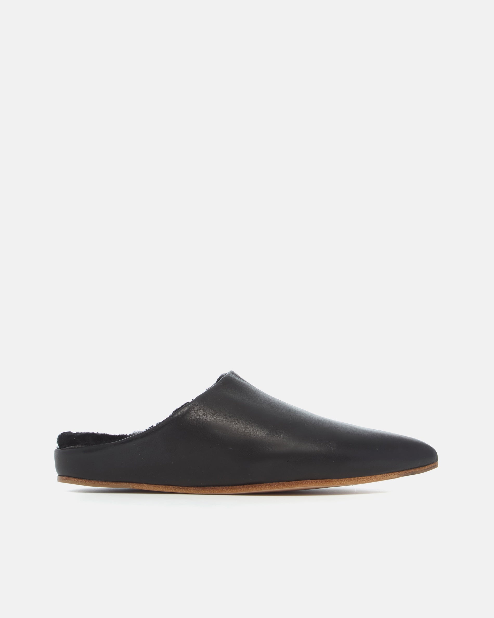 Coclico Dia Shearling Slide in black leather, side view of a pointed toe mule