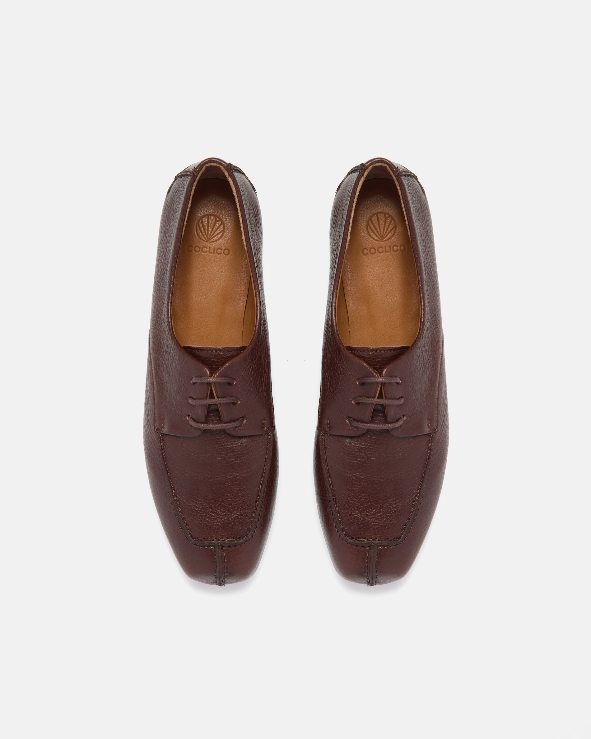 Pair of Coclico Fubee Oxfords in Castagno chestnut leather, top view