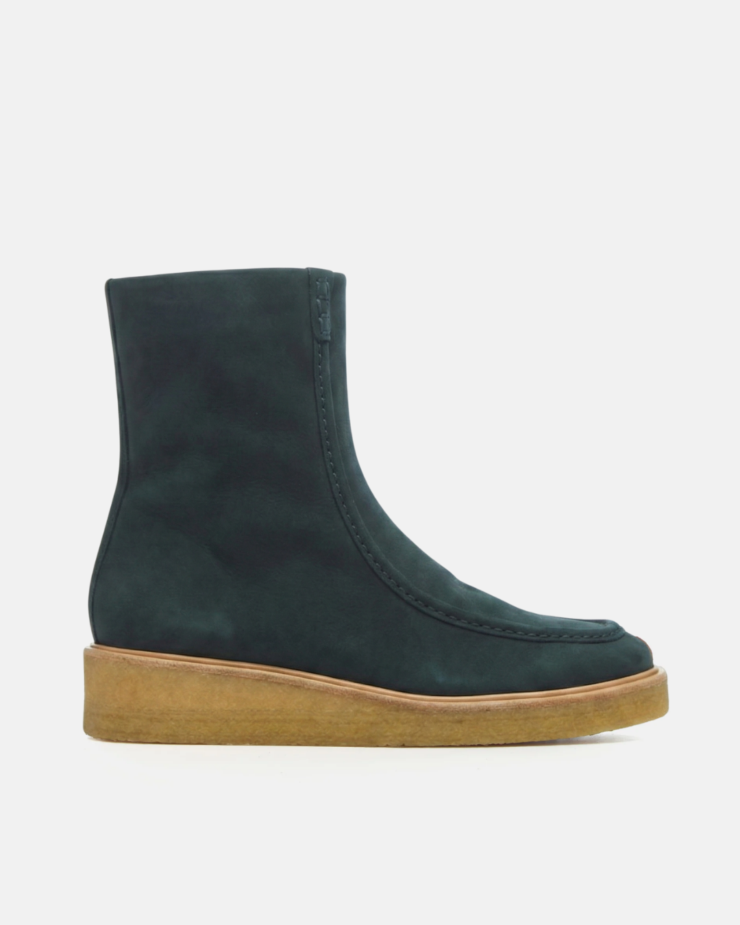Coclico Haber Boot in Deep Sea nubuck, a dark navy moc toe boot with front zip and natural crepe wedge sole
