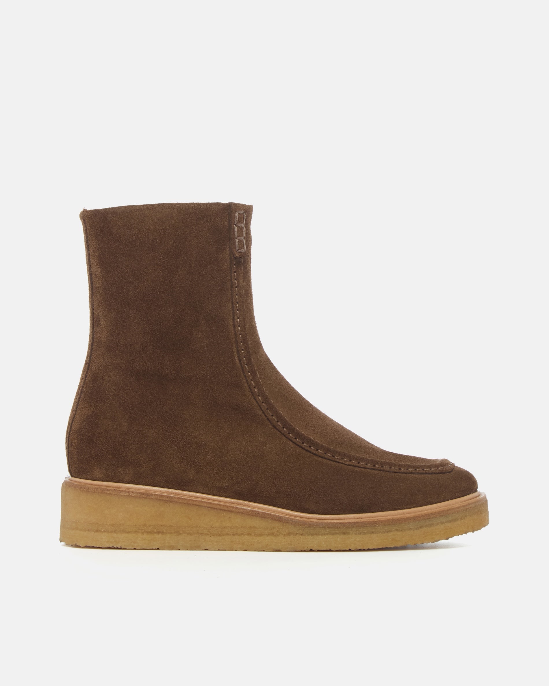 Coclico Haber Boot in Cowgirl split suede, side view of a moc toe boot with crepe wedge sole