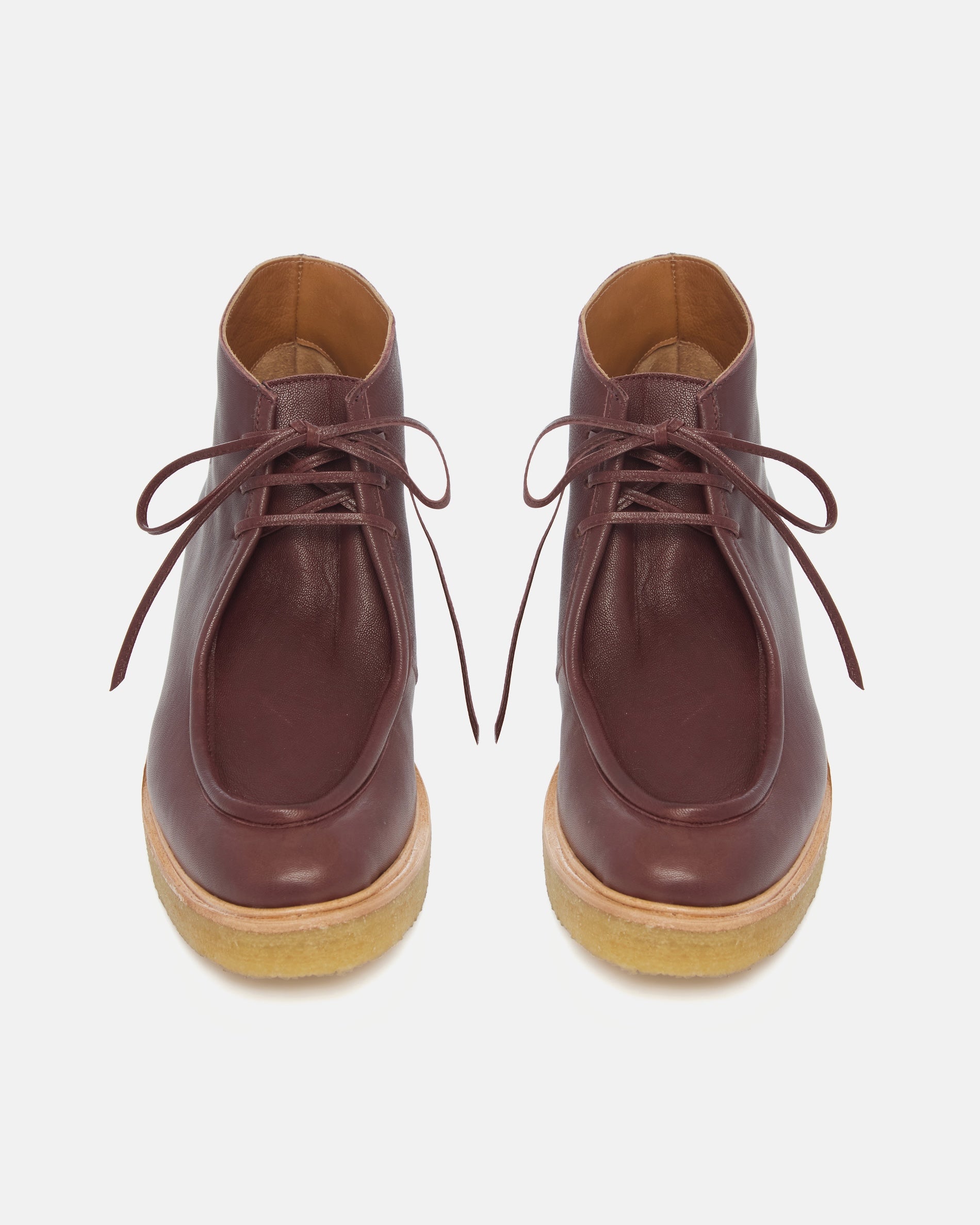 Pair of Coclico Hester Boots in Pecan brown leather, front view of lace up crepe sole boots
