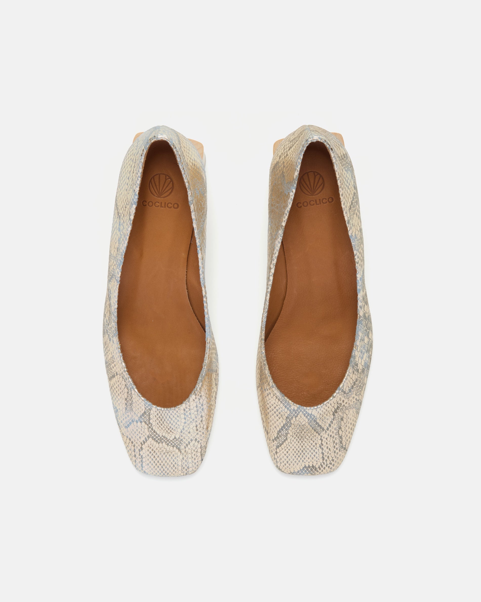 Top view of an opal blue python-print leather pump with a square toe and a solid architectural wood block heel on a white background