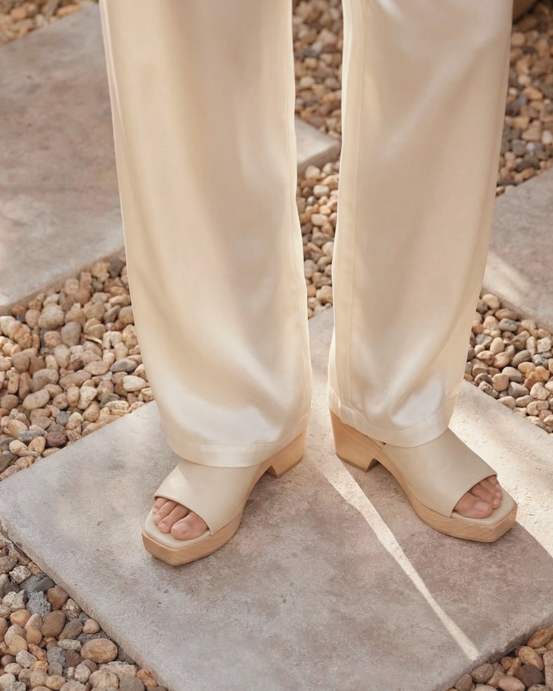 legs of woman wearing cream silk satin pants and creamy white clog asndals standing in a sunny courtyard