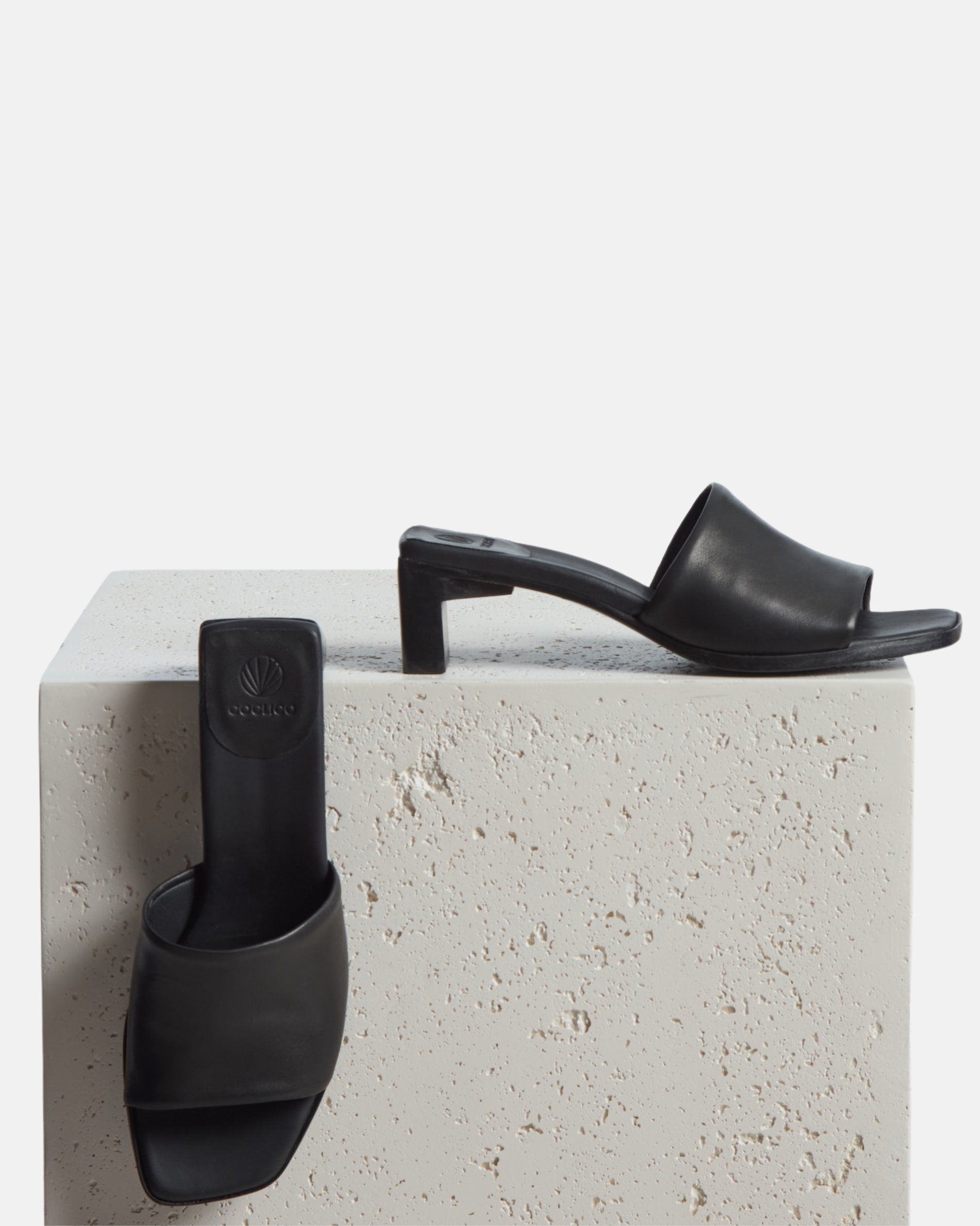 Pair of shoes on a plinth: black leather sandal with a wide band, squared toe, and sculptural wooden block heel