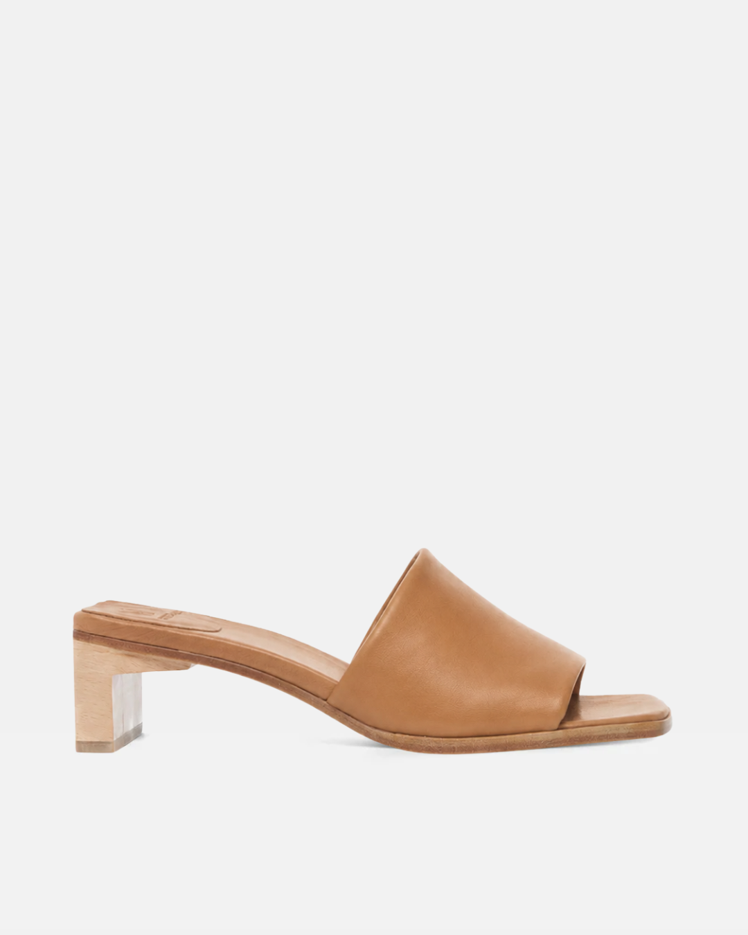 Side view of a wood mid-heel slide sandal in tan leather