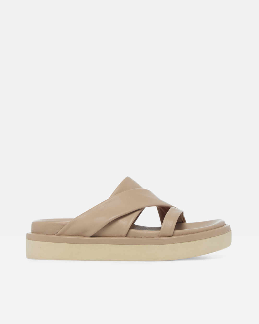 Side view of a grey leather footbed sandal with wide folded straps and a sleek cushioned platform sole