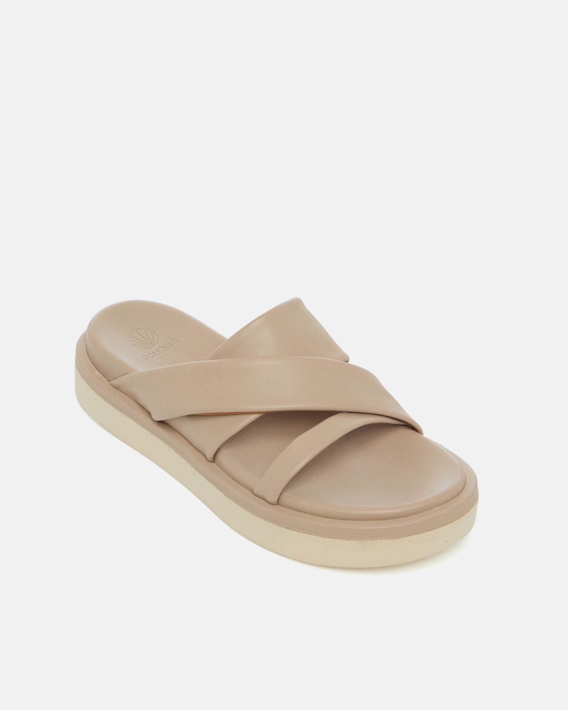 Angled view of a grey leather footbed sandal with wide folded straps and a sleek cushioned platform sole