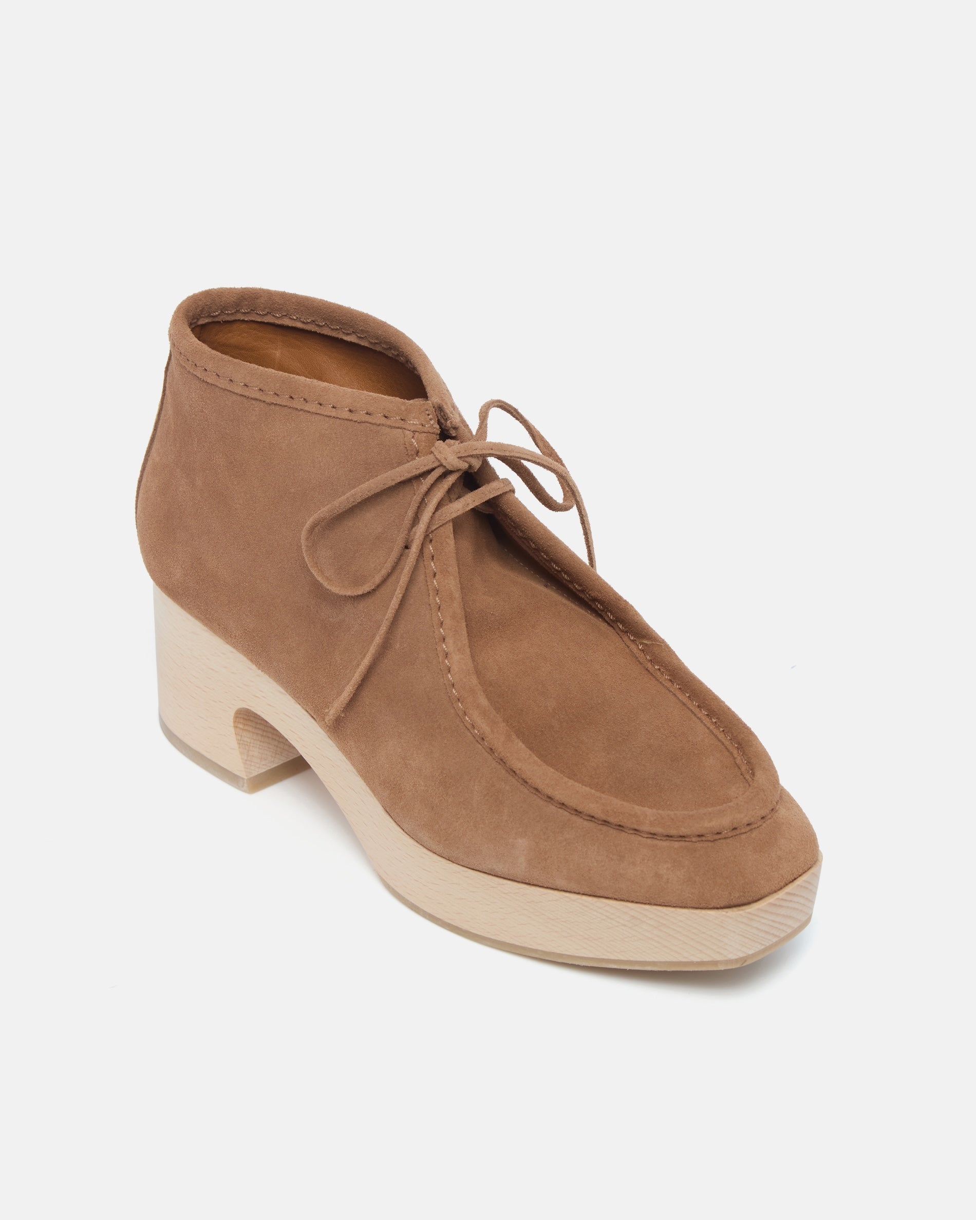 Coclico Quiterie Clog Boot in Dust split suede, angled view of the moc toe and natural wood clog platform