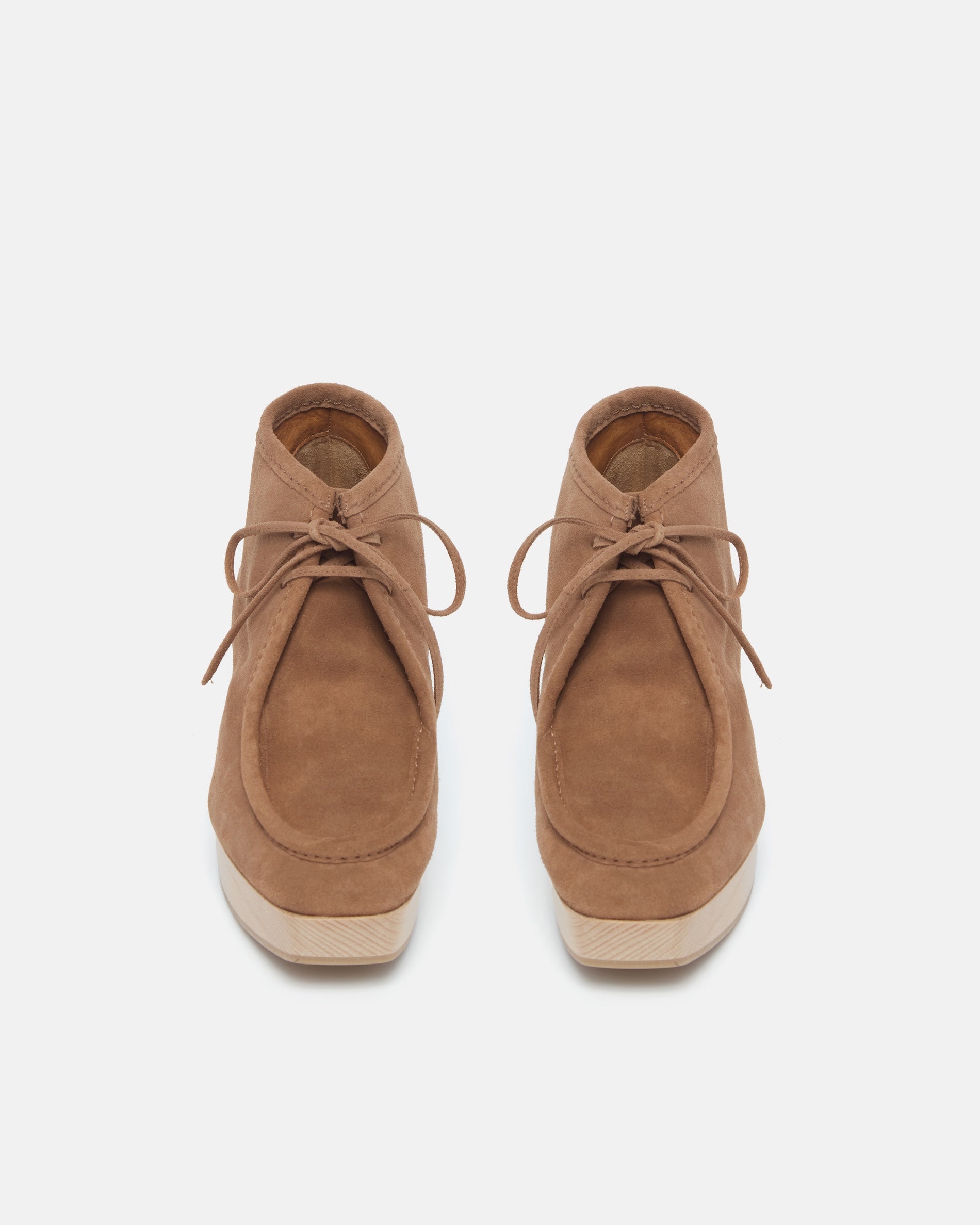 Pair of Coclico Quiterie Clog Boots in Dust split suede, top view of lace up moc toe clog boots