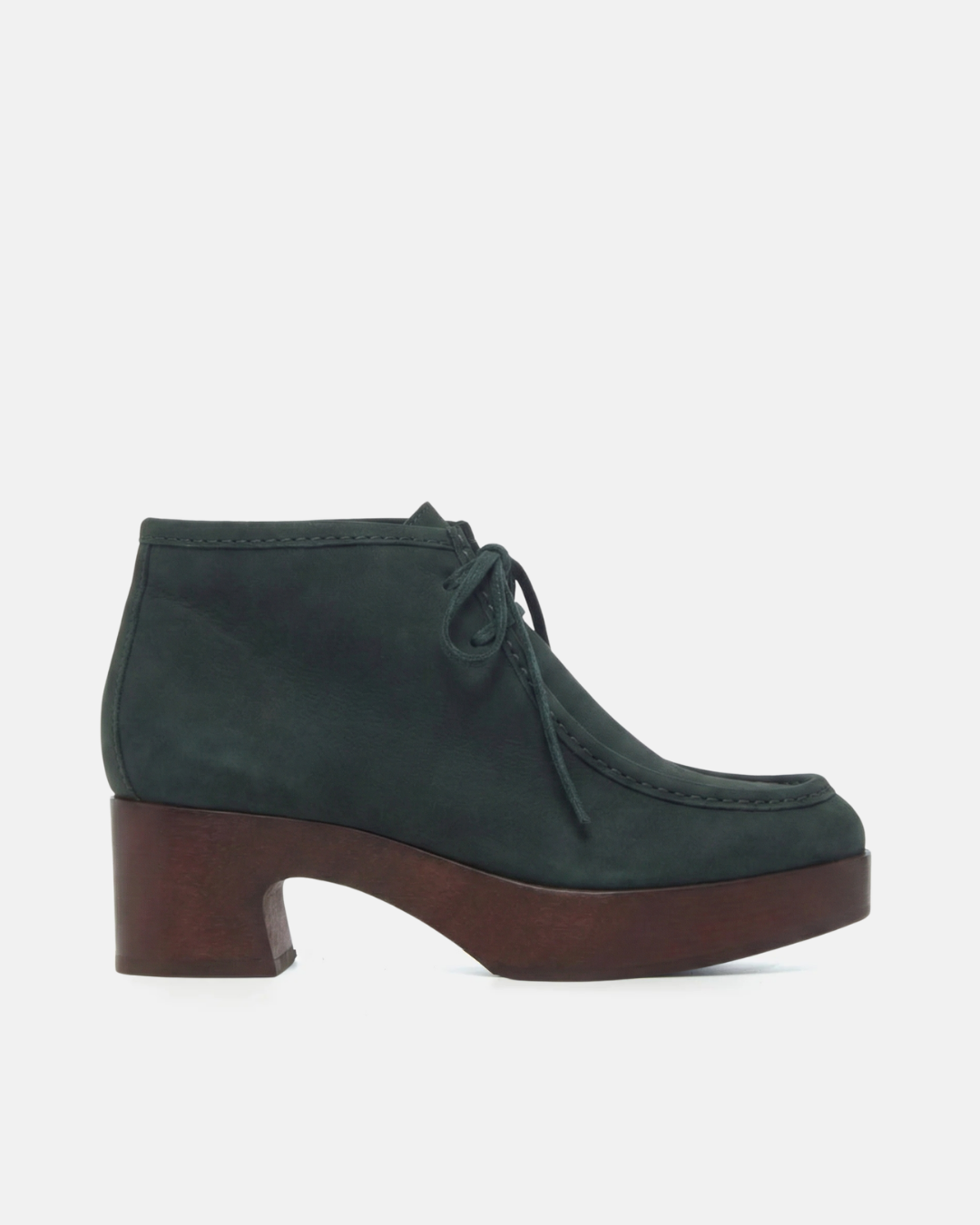 Coclico Quiterie Clog Boot in Deep Sea nubuck, a dark navy lace up moc toe boot on a clog platform heel