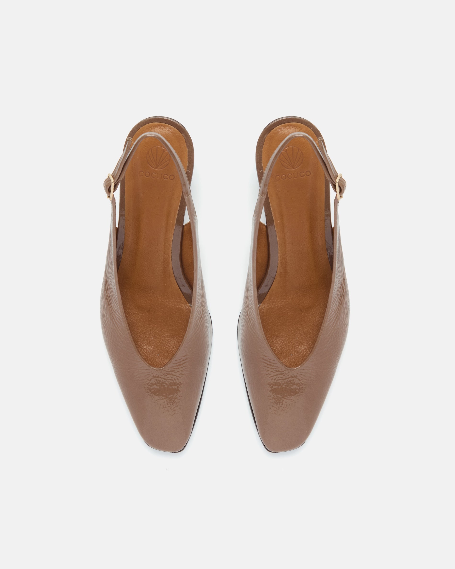 Pair of Coclico Sontag Slingback Pumps in Boue crinkled patent, top view