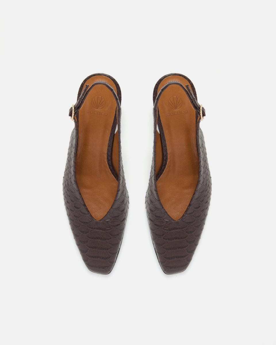 Pair of Coclico Sontag Slingback Pumps in espresso snake embossed leather, top view