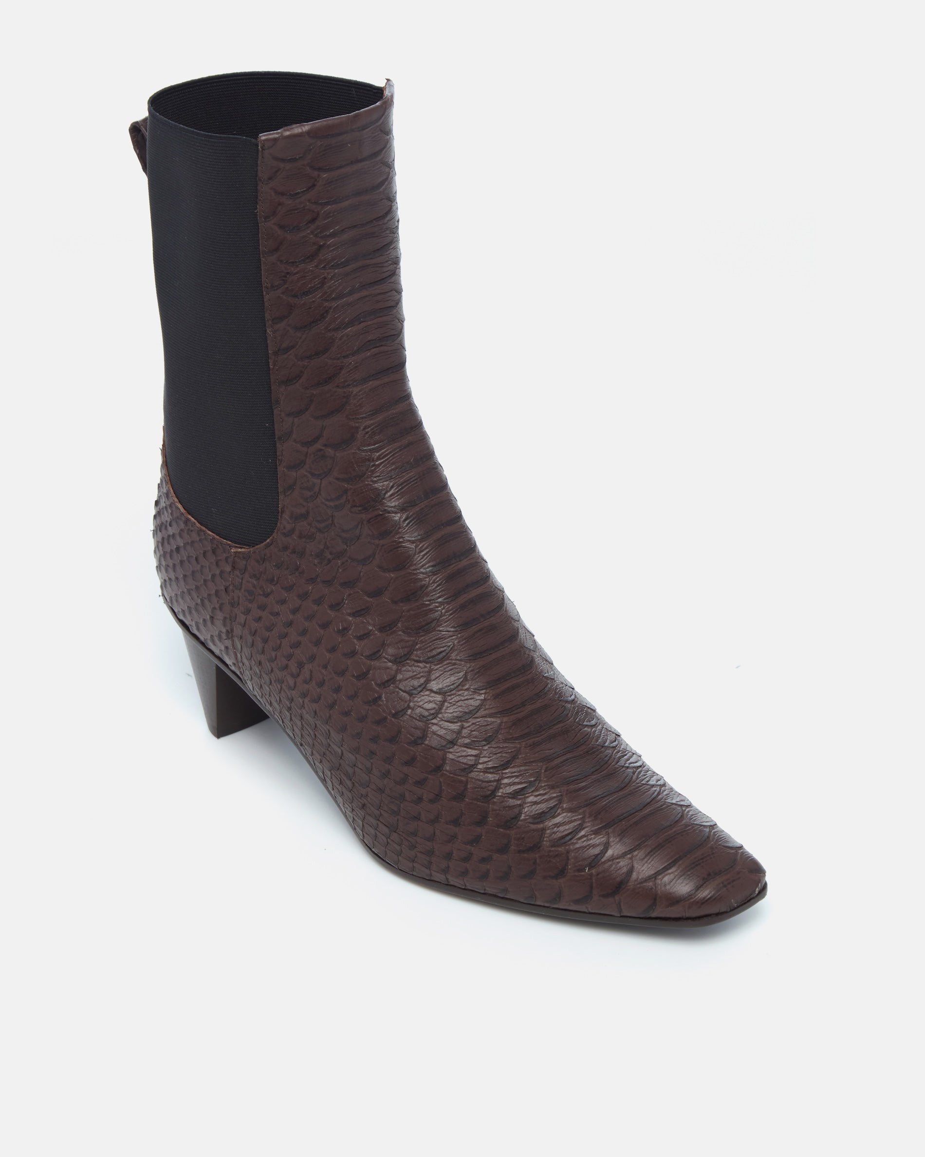 Coclico Suttner Boot in espresso snake embossed leather, angled view of the pointed toe and cone heel