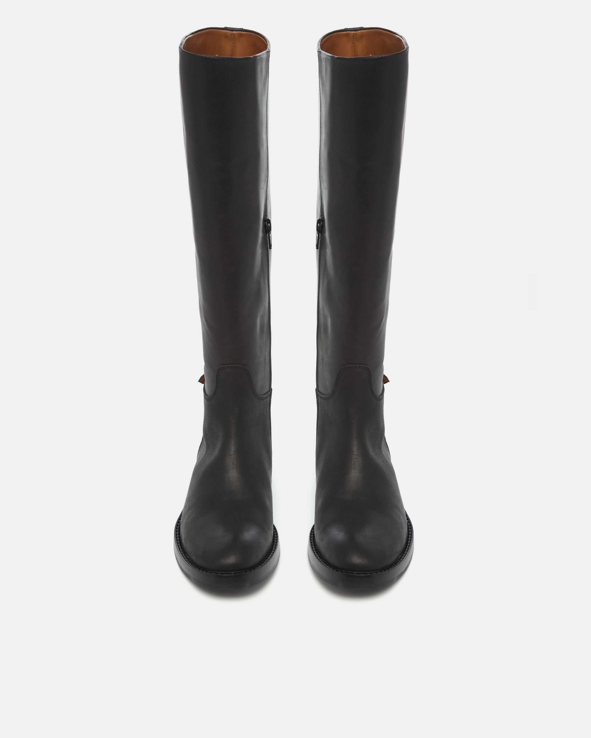 Pair of Coclico Tabei Boots in black leather, front view of knee high riding boots