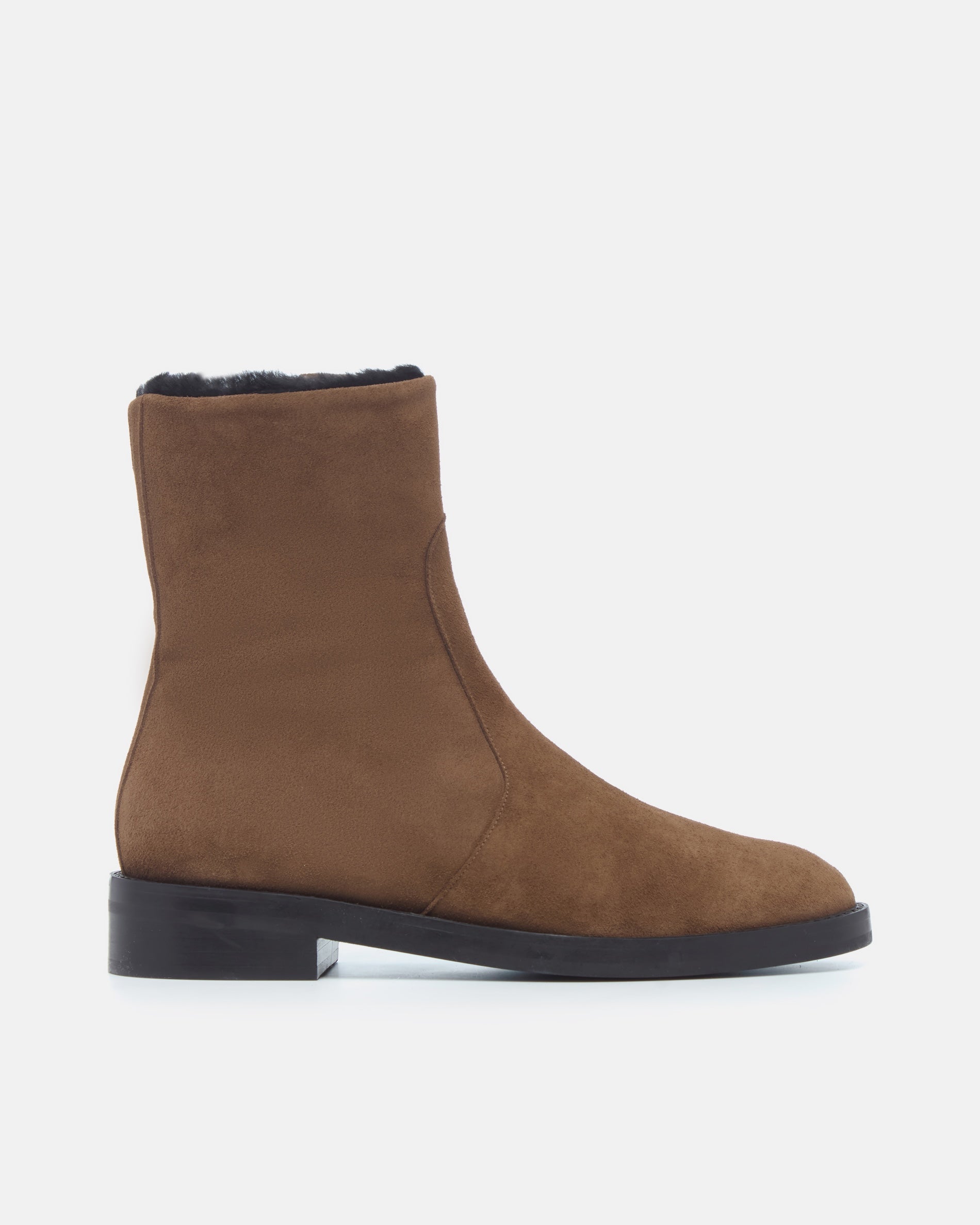 Coclico Theo Shearling Boot in Cowgirl split suede, side view of a flat shearling lined ankle boot