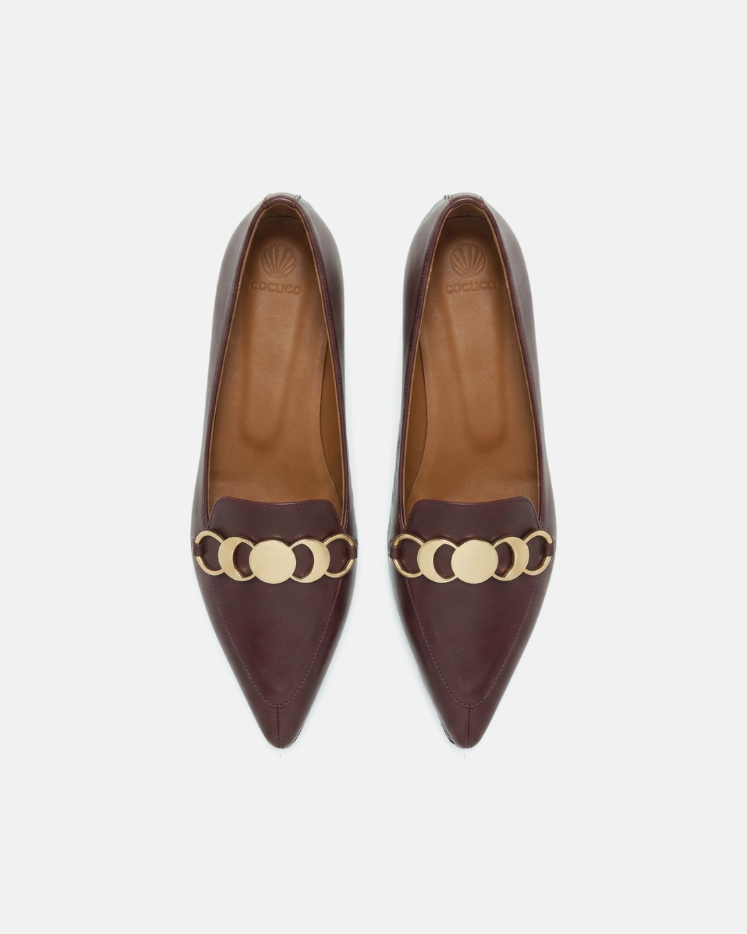 Coclico Curie Loafer in Oxblood leather, a deep burgundy pointed toe loafer with gold coin hardware across the vamp