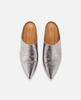 Pair of silver pointed-toe shoes with brown soles on a white background 1