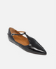 Black pointed-toe flat shoe with a brown insole on a white background 2