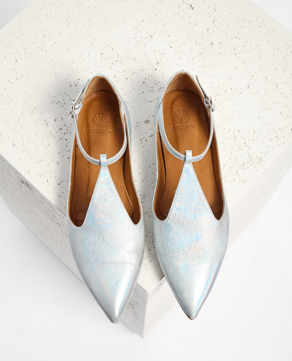 Silver pointed-toe flats with a shimmering, iridescent finish, featuring a T-strap design and a small buckle, set on a light tan insole with a subtle logo imprint.